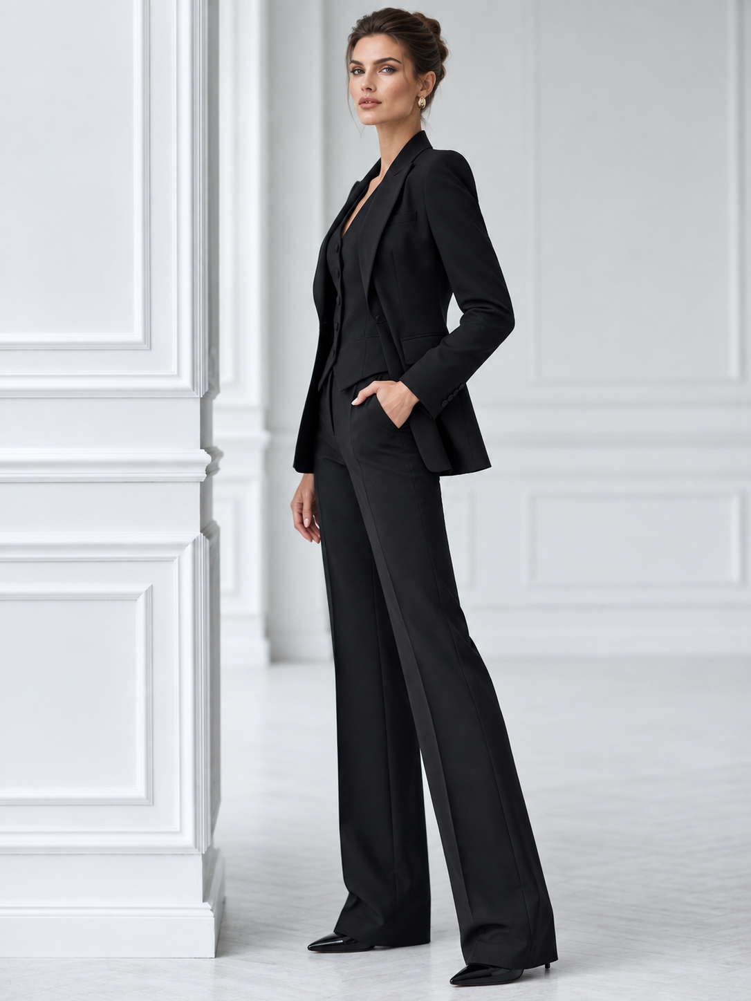 Black Single Breasted Blazer With Peak Lapels & Vast And Wide Leg Pants 3-Piece Suit