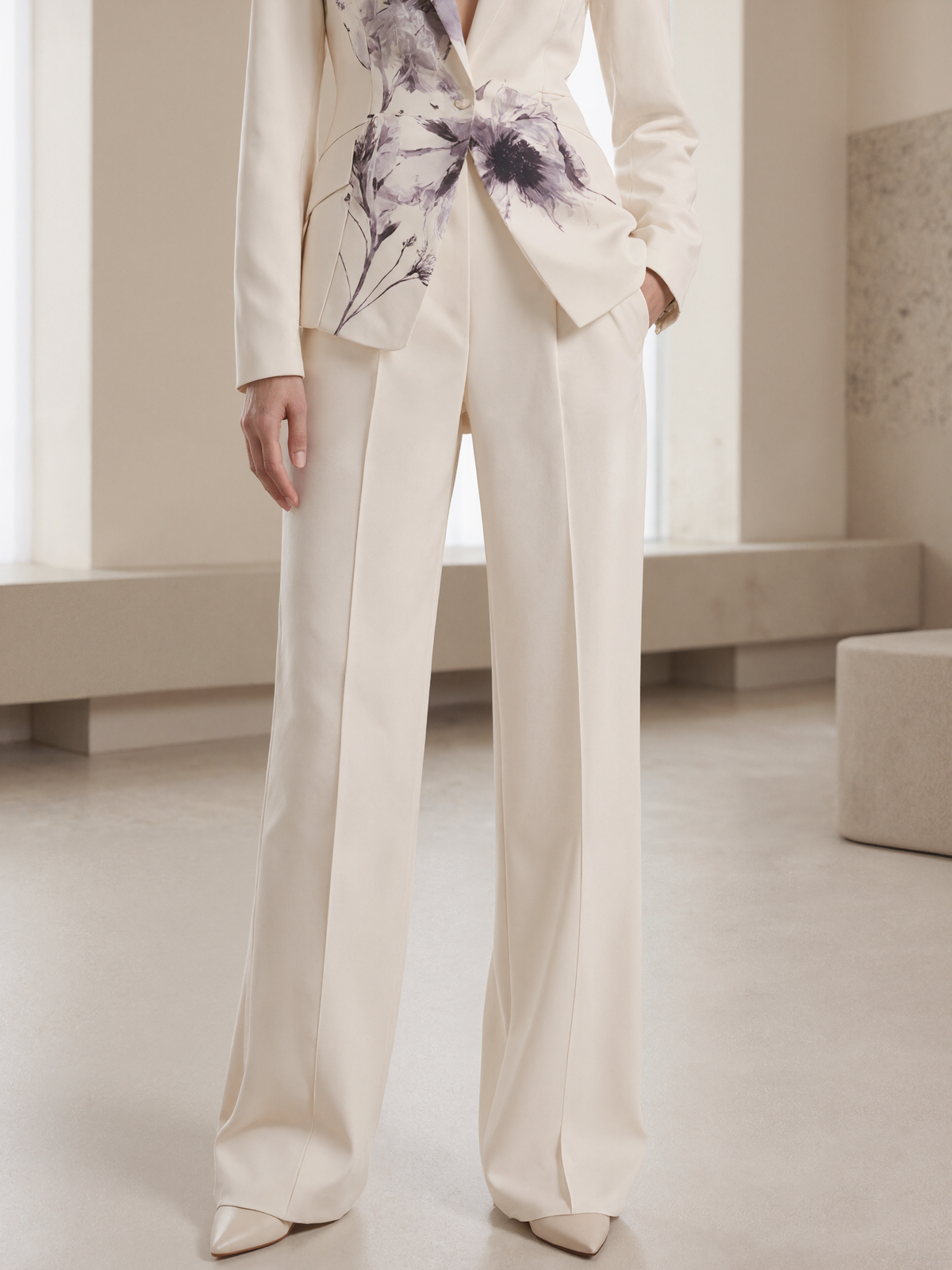 Light Beige Printed Blazer And Wide Leg Pants 2-Piece Suit