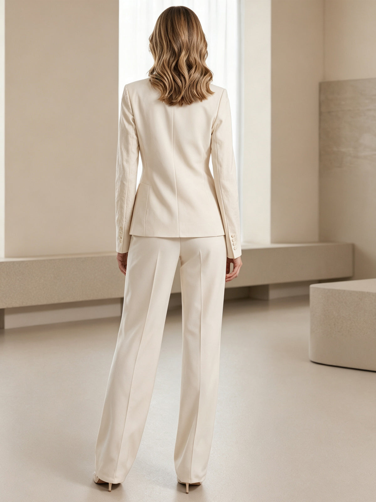Light Beige Printed Blazer And Wide Leg Pants 2-Piece Suit