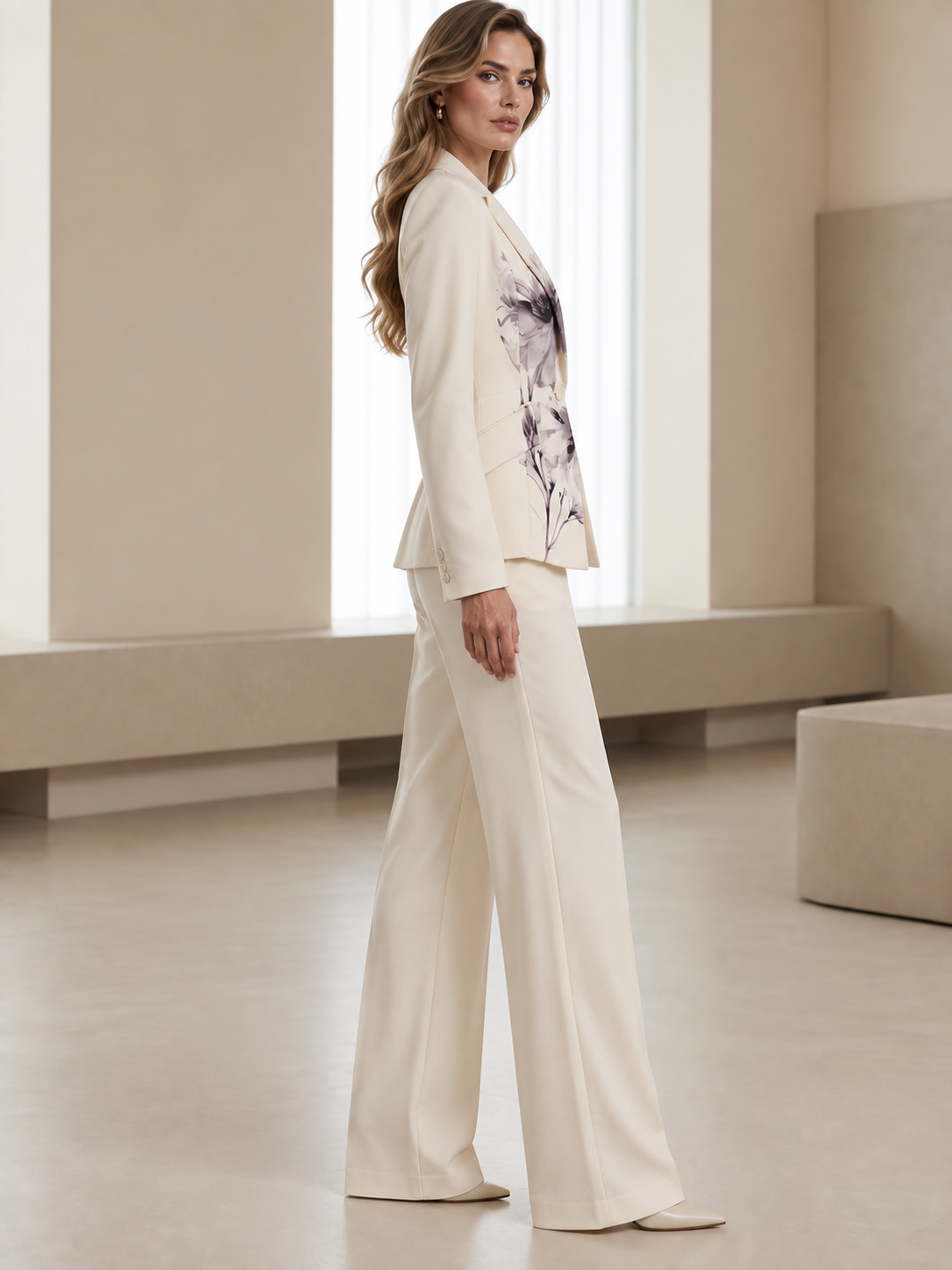Light Beige Printed Blazer And Wide Leg Pants 2-Piece Suit