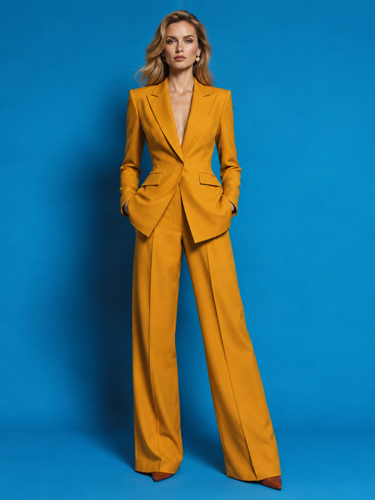 Yellow Peak Lapel Blazer And Wide Leg Pants 2-Piece Suit