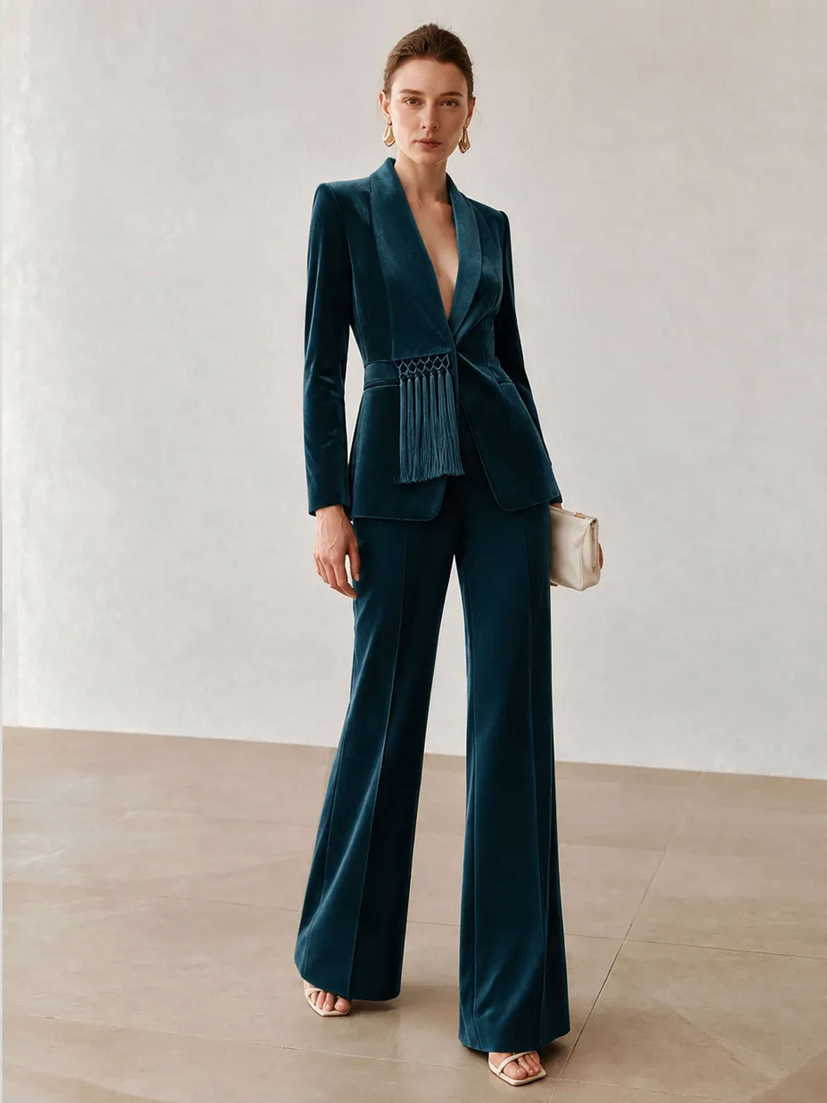 Peacock Blue Velvet Asymmetrical Lapel Tassel Blazer & Wide Leg Pants 2-Piece Suit