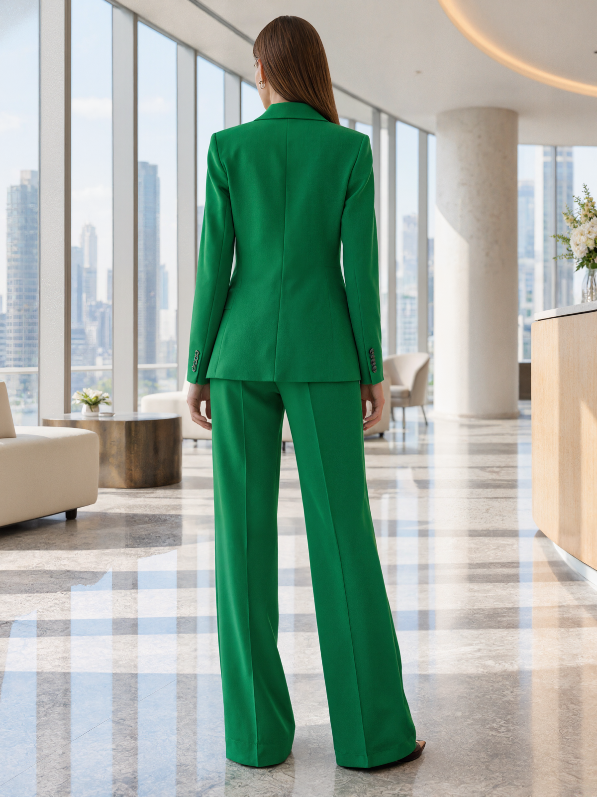 Green Peak Lapel Blazer And Wide Leg Pants 2-Piece Suit