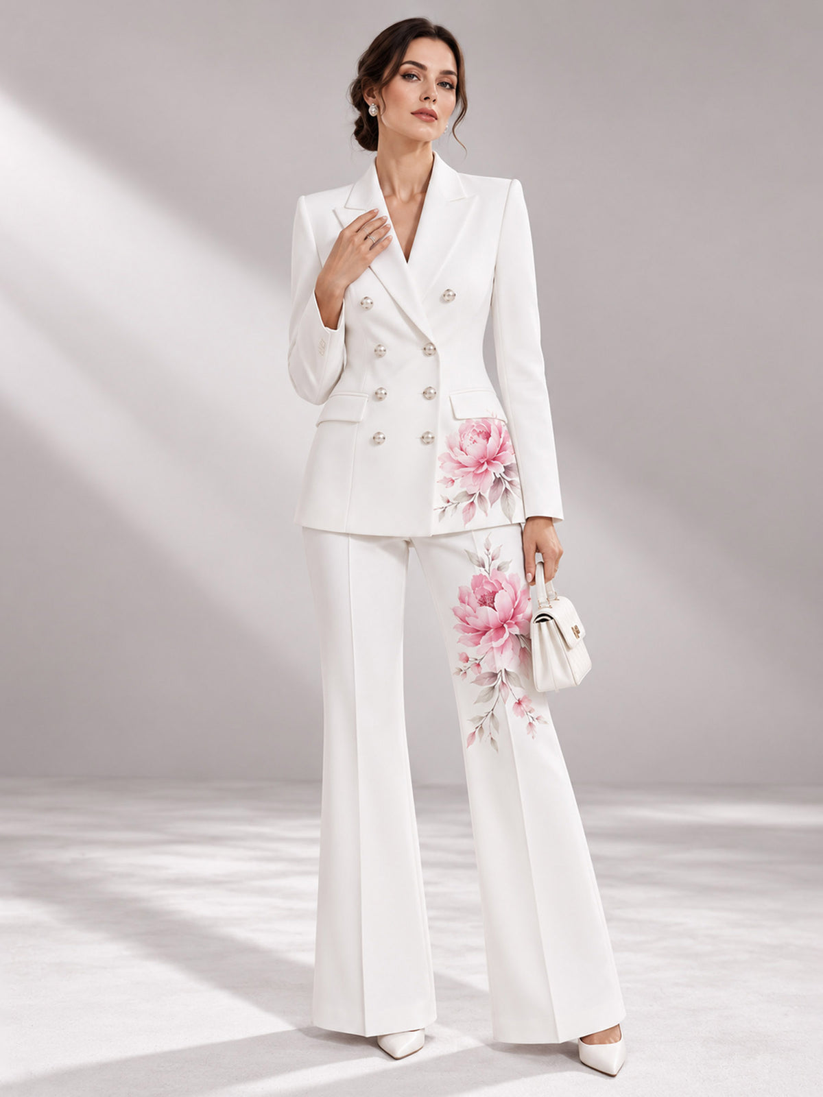 White Floral Print Double Breasted Notch Lapel Blazer & Wide Leg Pants 2-Piece Suit