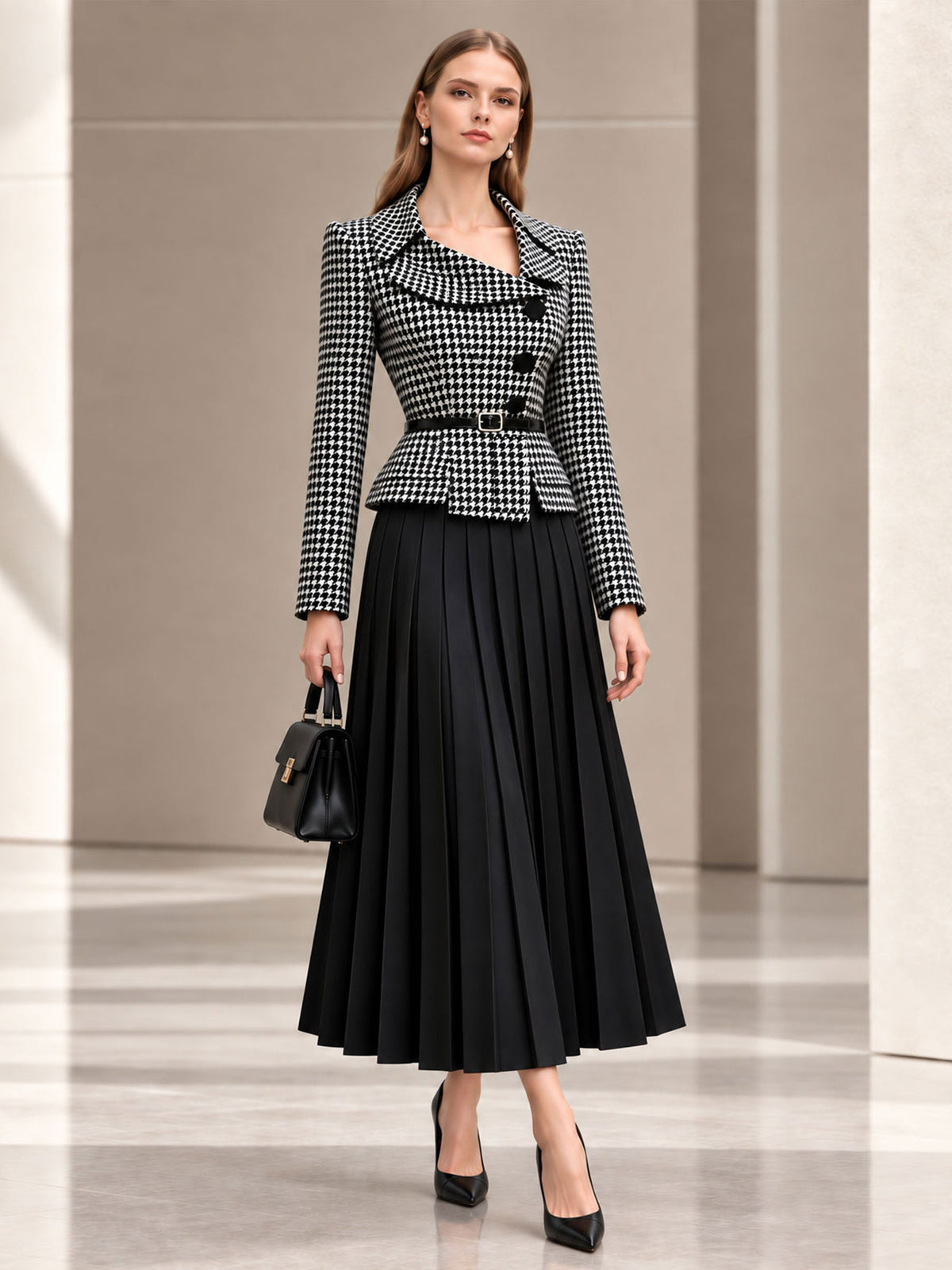 Black and White Check Wool Blend Lapel Asymmetrical Placket Short Blazer & Black Pleated Midi Skirt 2‑Piece Suit