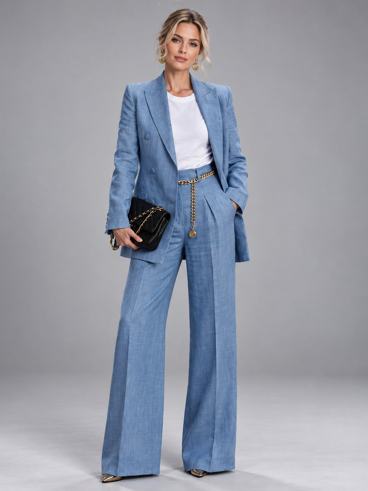 Light Blue Double Breasted Blazer & High Waist Wide Leg Pants 2-Piece Suit