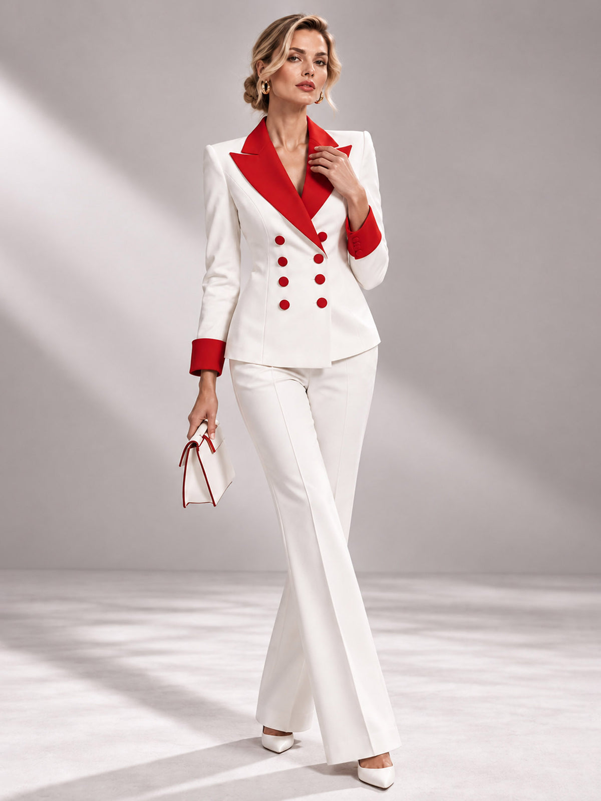 White Red Contrast Double Breasted Blazer & High Waist Wide Leg Pants 2-Piece Suit