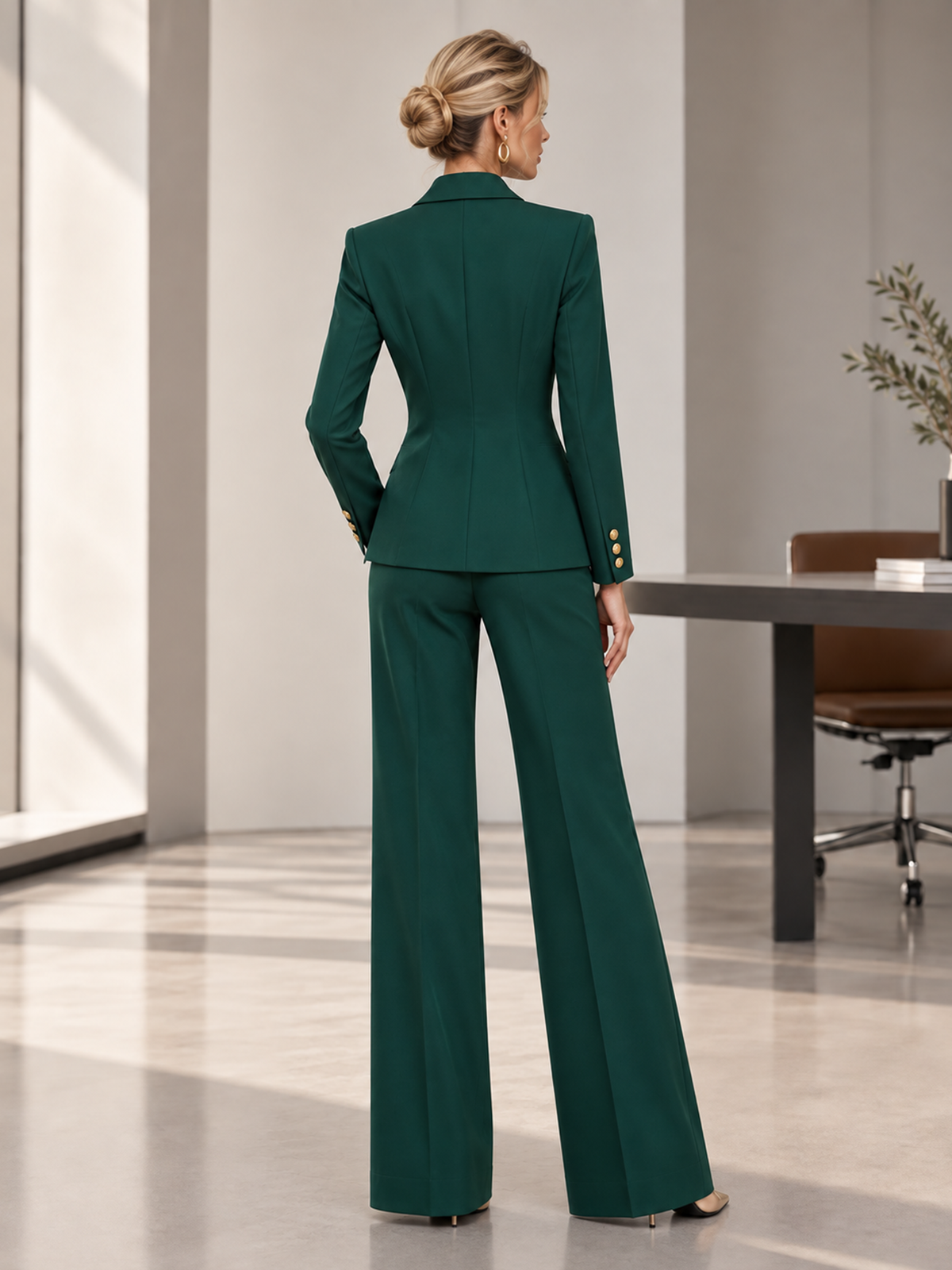 Green Satin Peak Lapel Double Breasted Blazer & Wide Leg Pants 2-Piece Suit