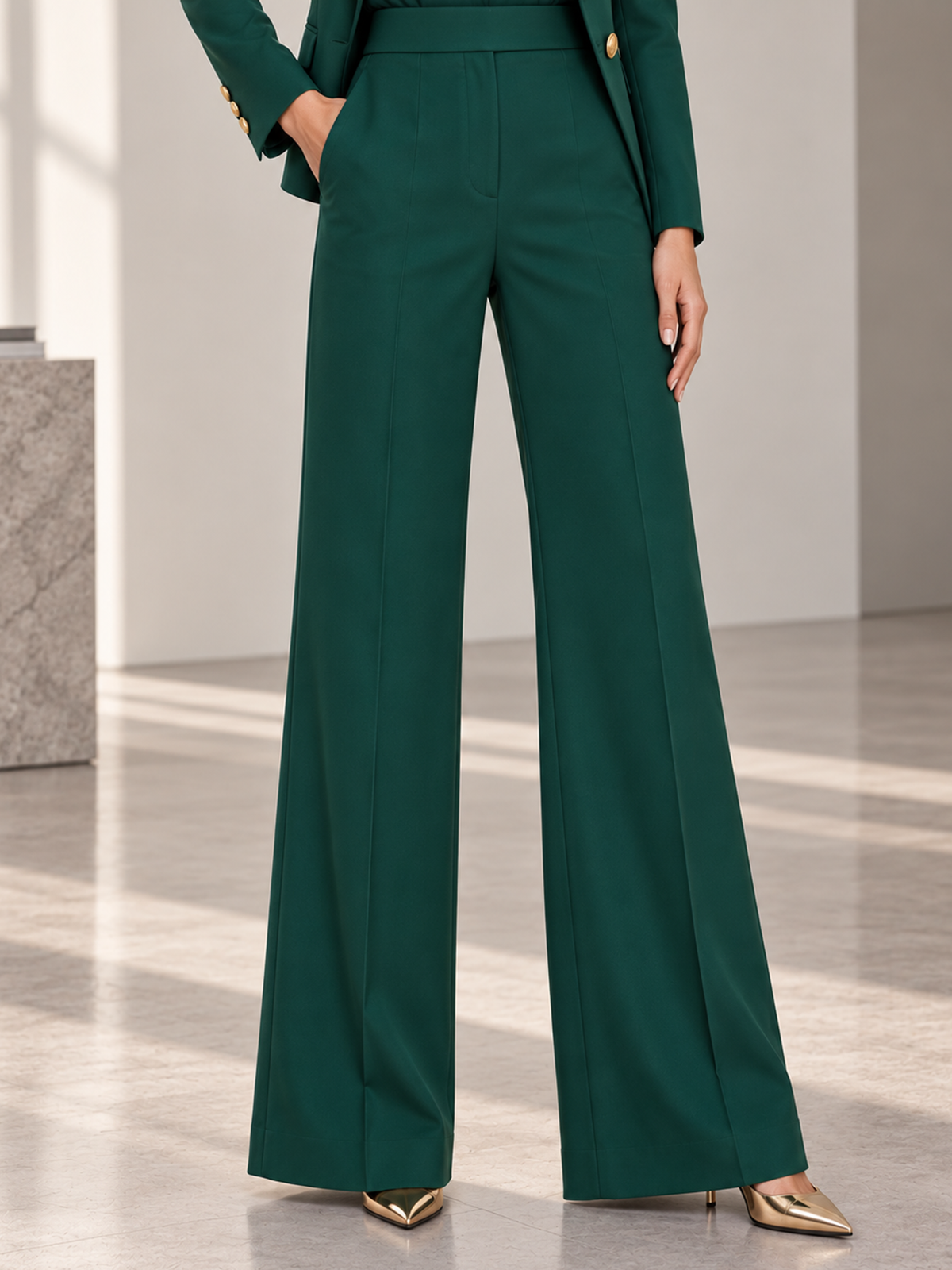 Green Satin Peak Lapel Double Breasted Blazer & Wide Leg Pants 2-Piece Suit