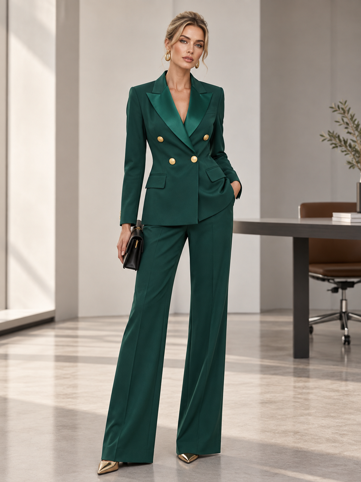 Green Satin Peak Lapel Double Breasted Blazer & Wide Leg Pants 2-Piece Suit