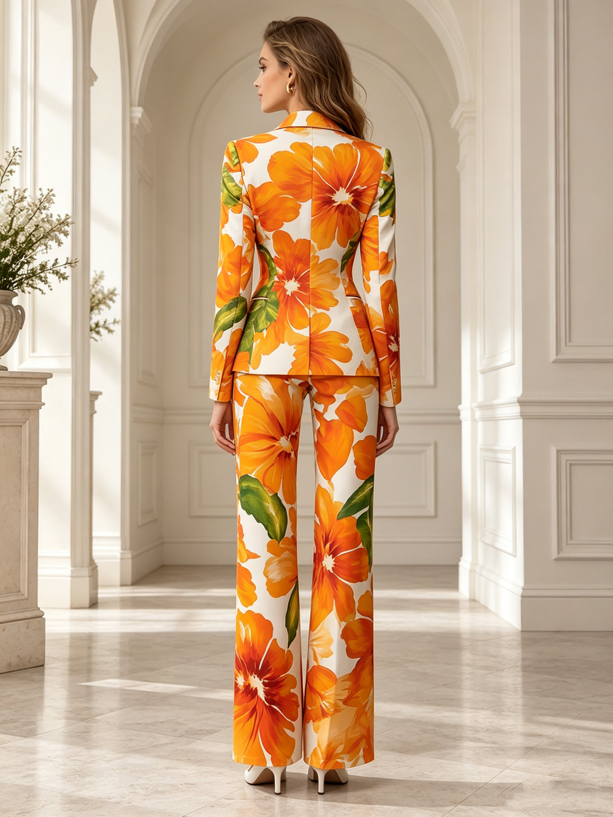 Orange Floral Print Notch Lapel Single Button Blazer & Wide Leg Pants 2-Piece Suit