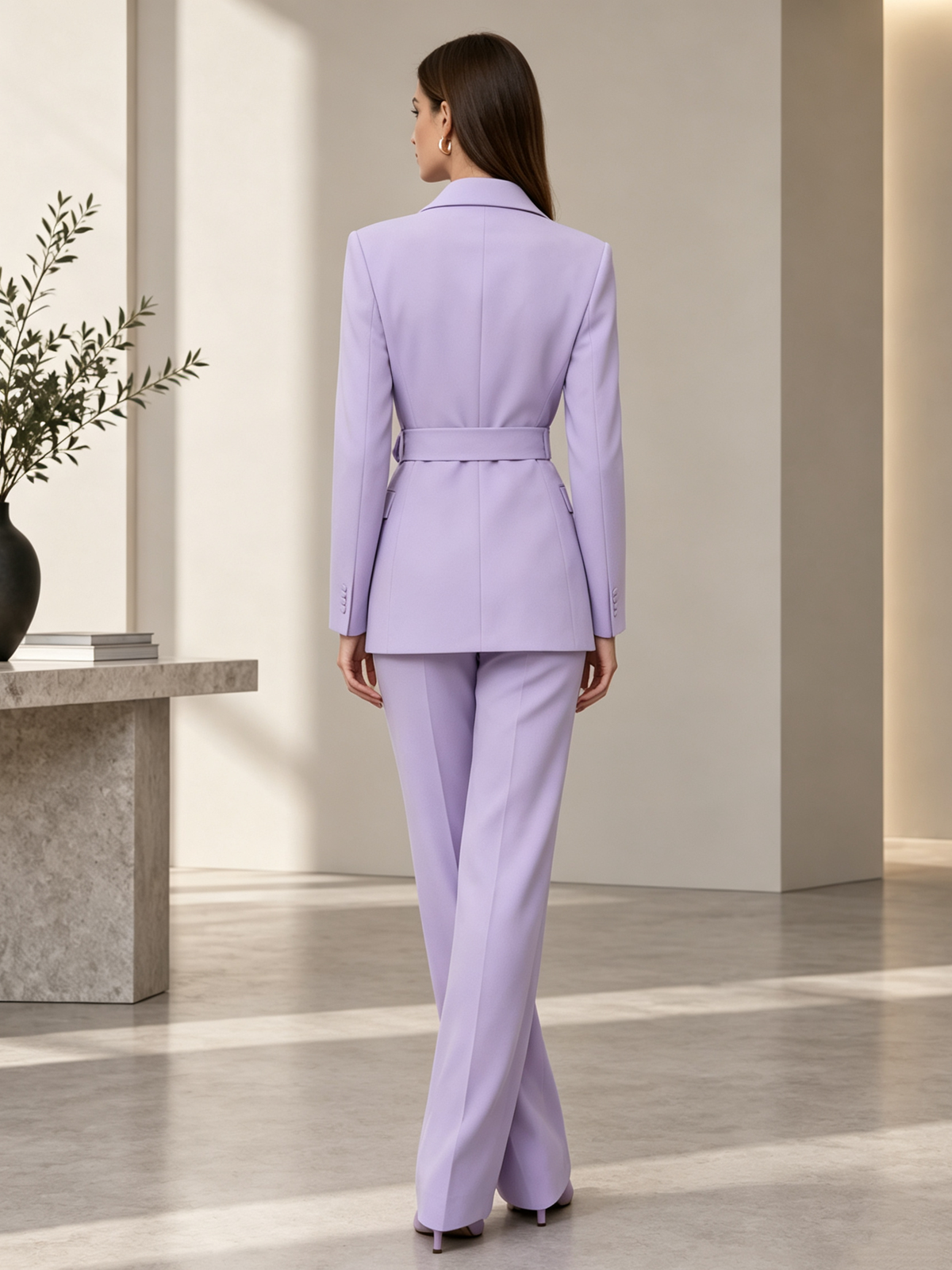 Lavender Notch Lapel Self Tie Belt Blazer & Wide Leg Pants 2-Piece Suit