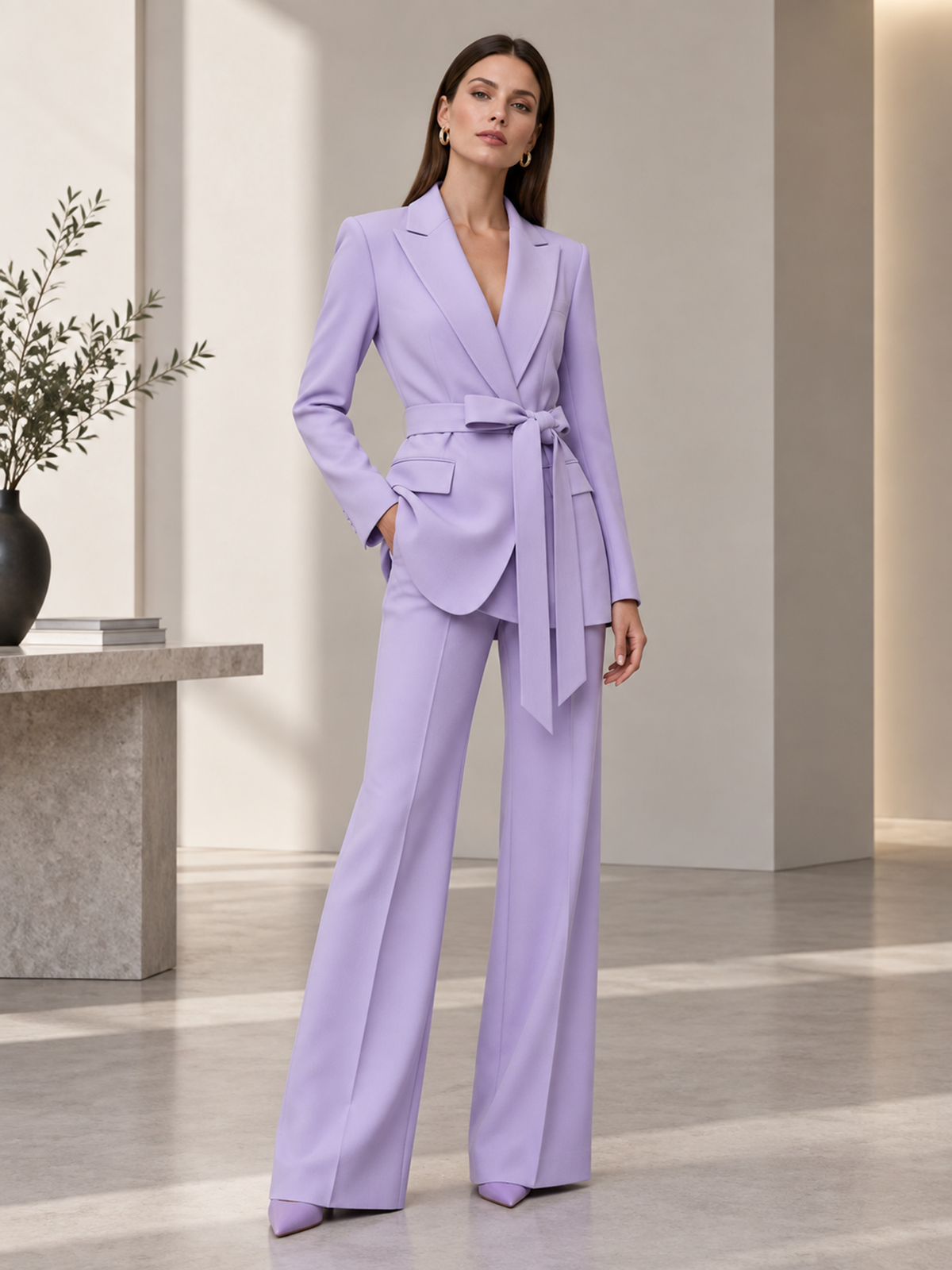Lavender Notch Lapel Self Tie Belt Blazer & Wide Leg Pants 2-Piece Suit
