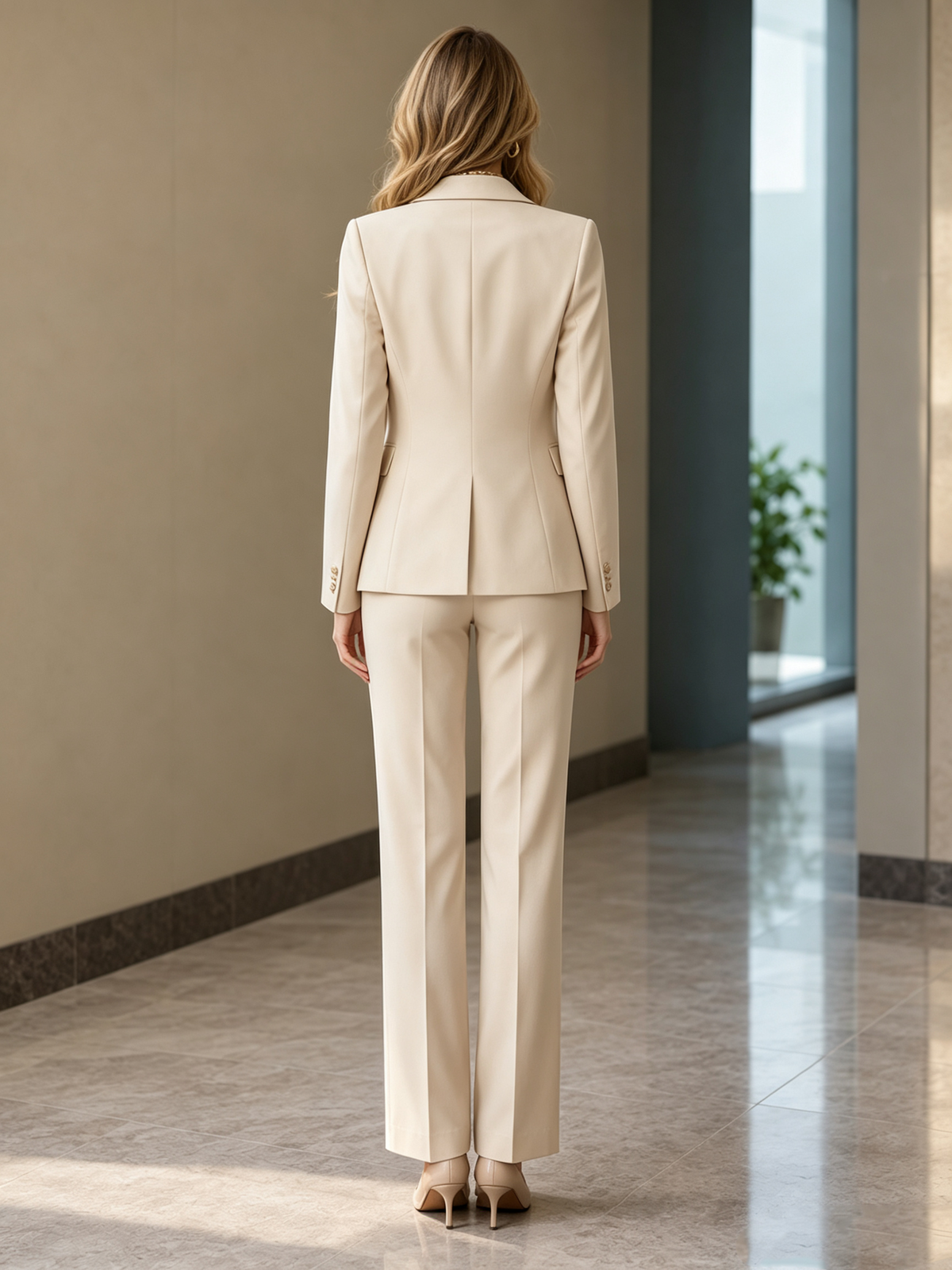 Beige Single Button Blazer & Wide Leg Pants 2-Piece Suit