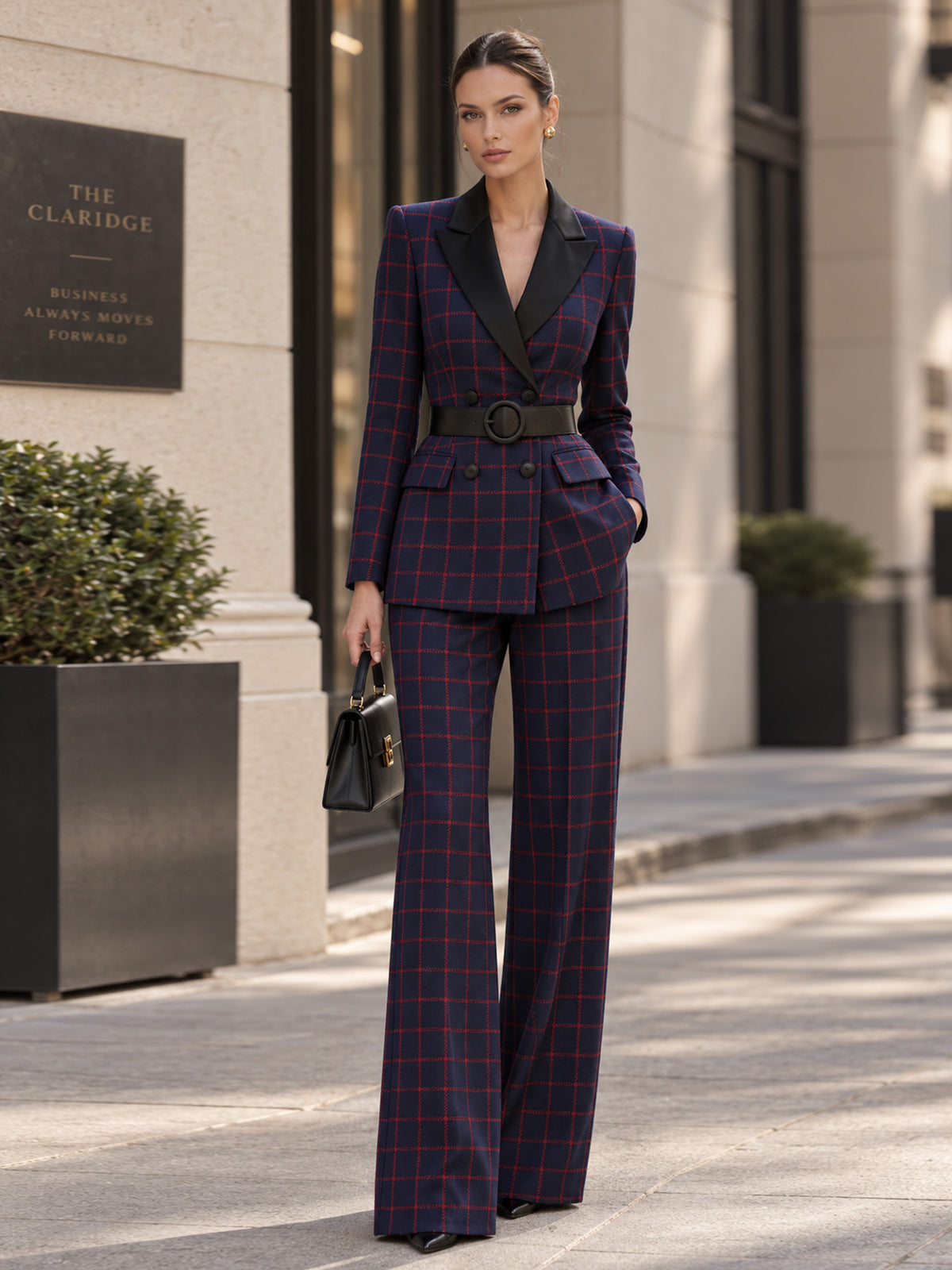 Blue Base Red Plaid Notch Lapel Blazer & Straight Leg Pants 2-Piece Suit