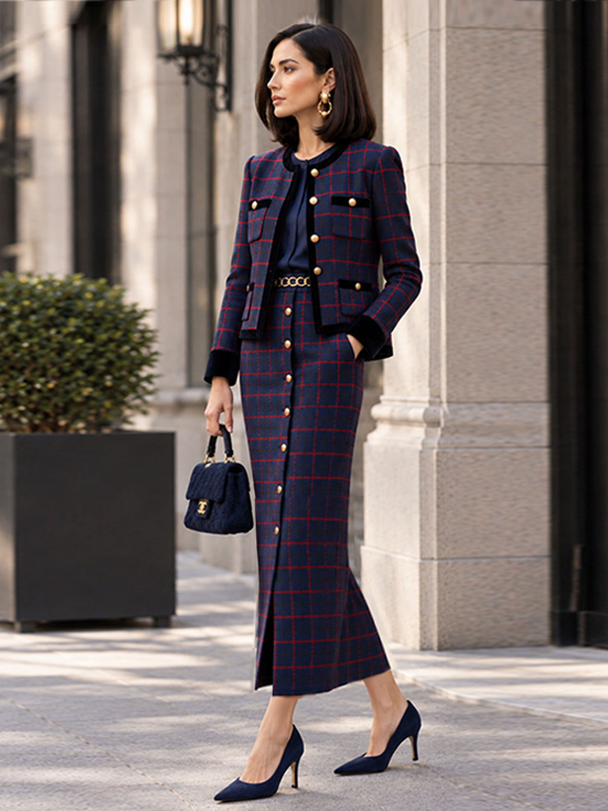 Navy Red Plaid Notch Lapel Single‑Breasted Blazer & Front Slit Straight Midi Skirt 2‑Piece Suit