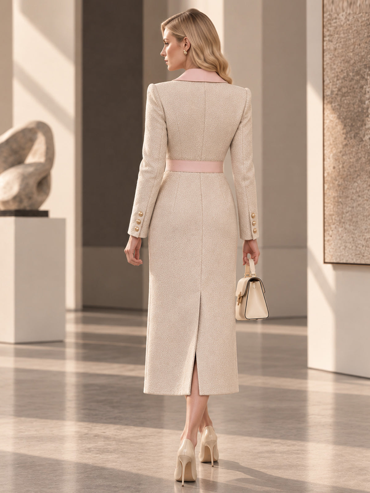 Beige Herringbone Tweed Contrast Light Pink Lapel Double‑Breasted Belted Long Coat