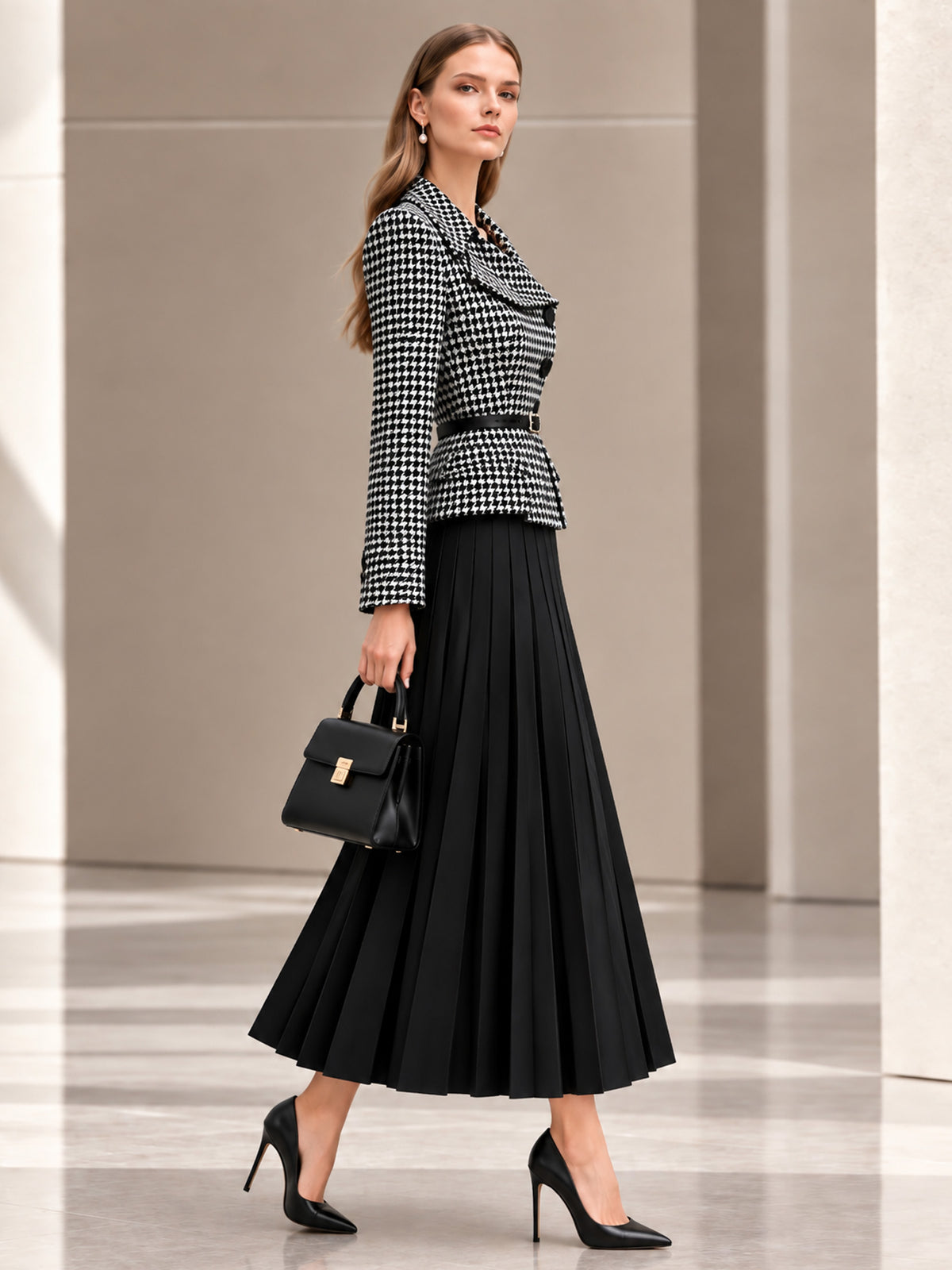 Black and White Check Wool Blend Lapel Asymmetrical Placket Short Blazer & Black Pleated Midi Skirt 2‑Piece Suit