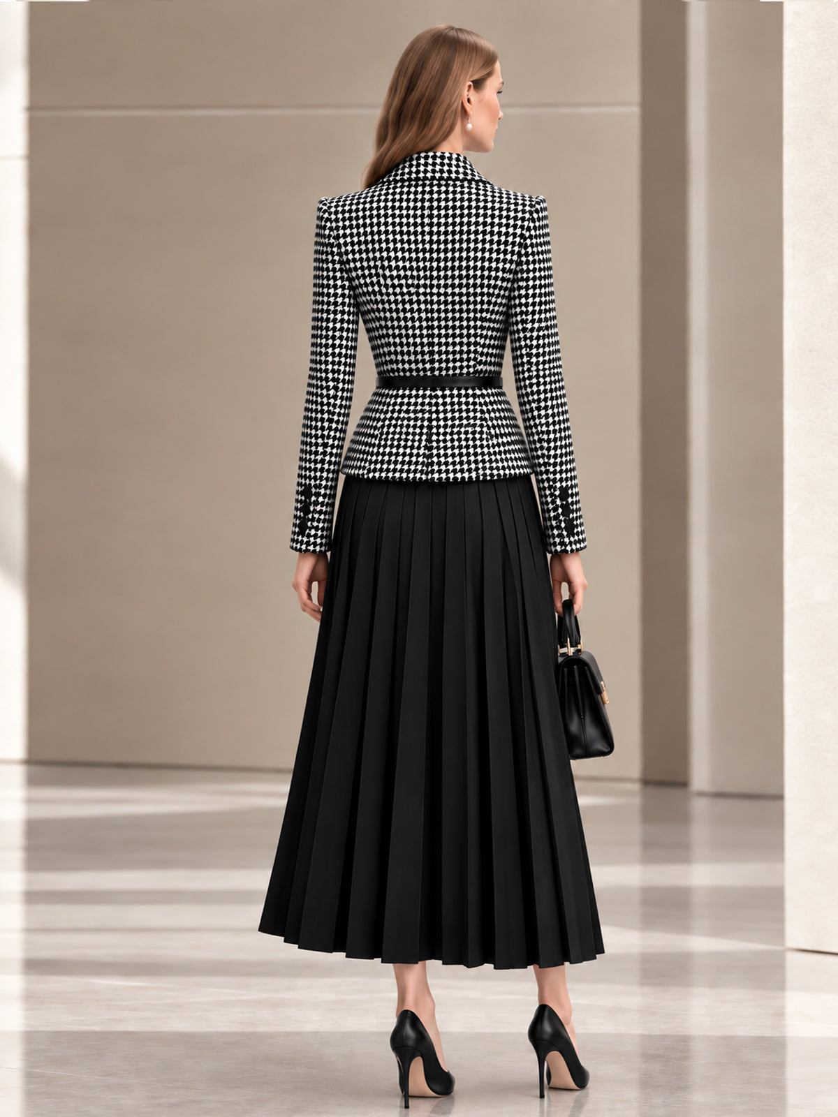 Black and White Check Wool Blend Lapel Asymmetrical Placket Short Blazer & Black Pleated Midi Skirt 2‑Piece Suit