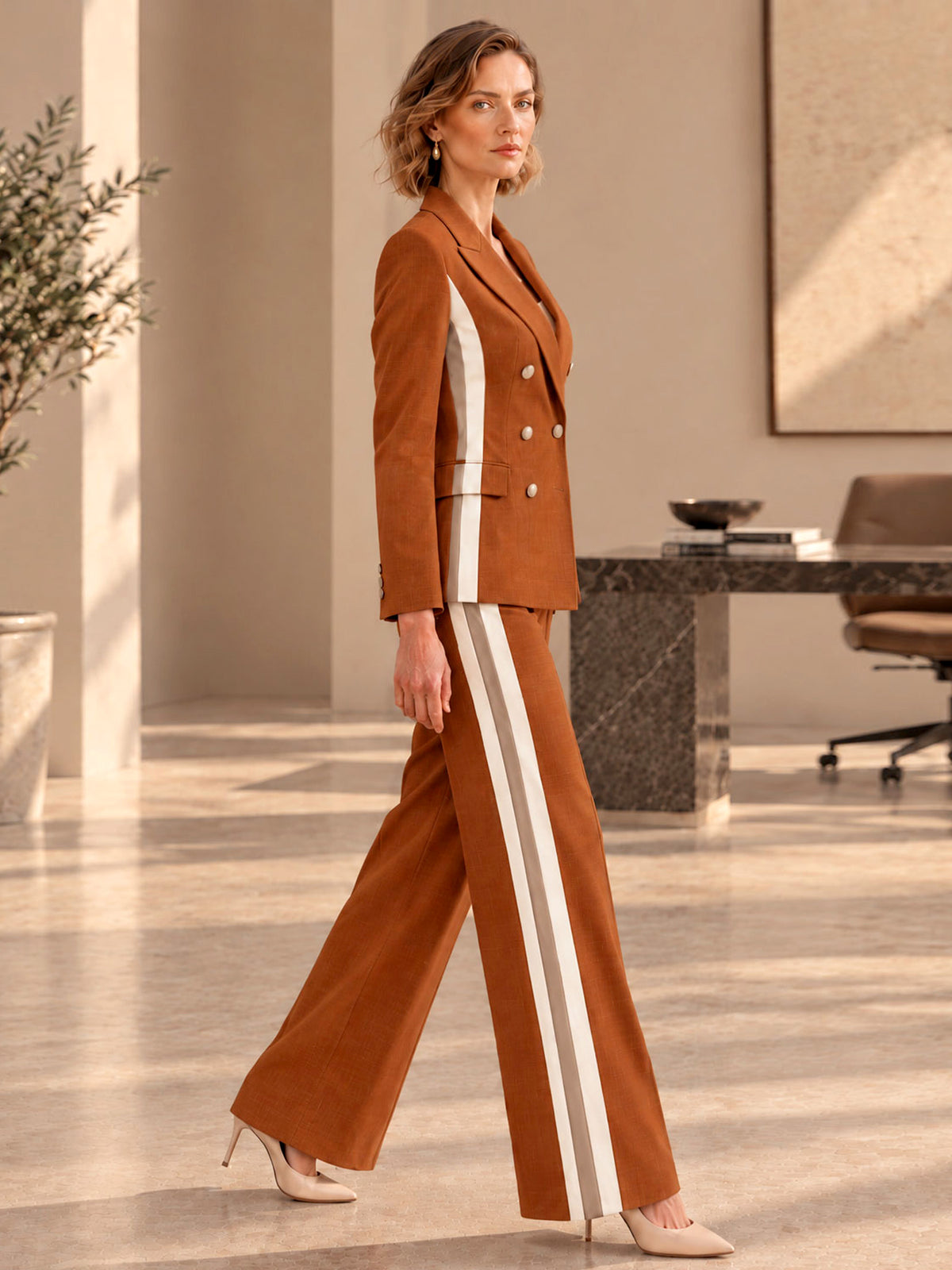 Deep Orange Peak Lapel Double Breasted Color‑Block Blazer & Color‑Block Wide Leg Pants 2‑Piece Suit