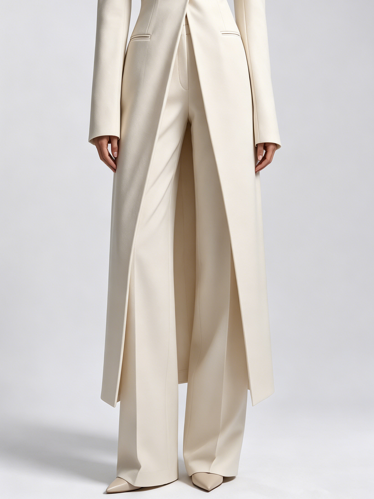 Beige Sculpted Long Blazer And High Waist Wide Leg Pants 2-Piece Suit