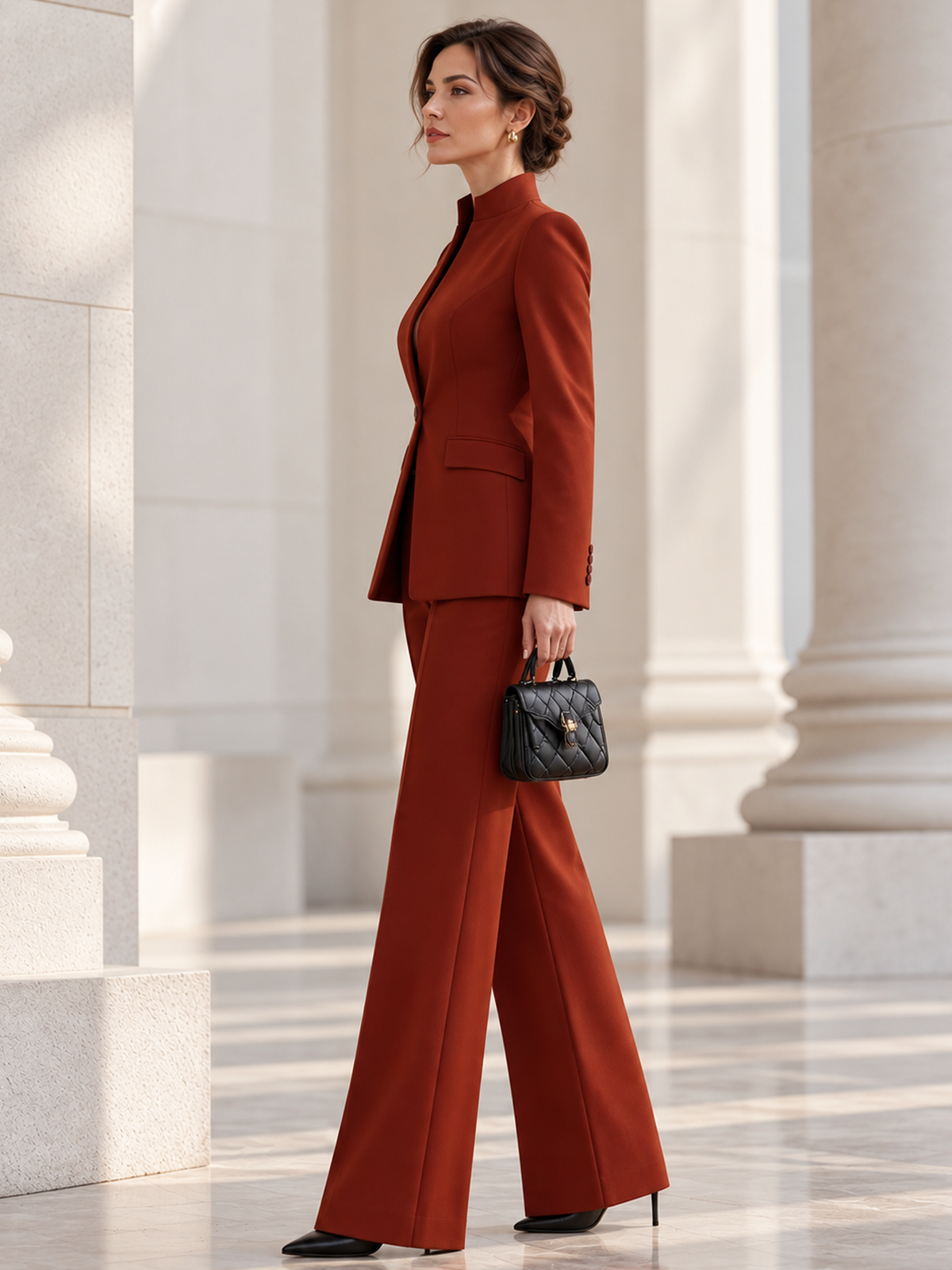 Russet Stand-up Collar Blazer And High Waist Wide Leg Pants 2-Piece Suit