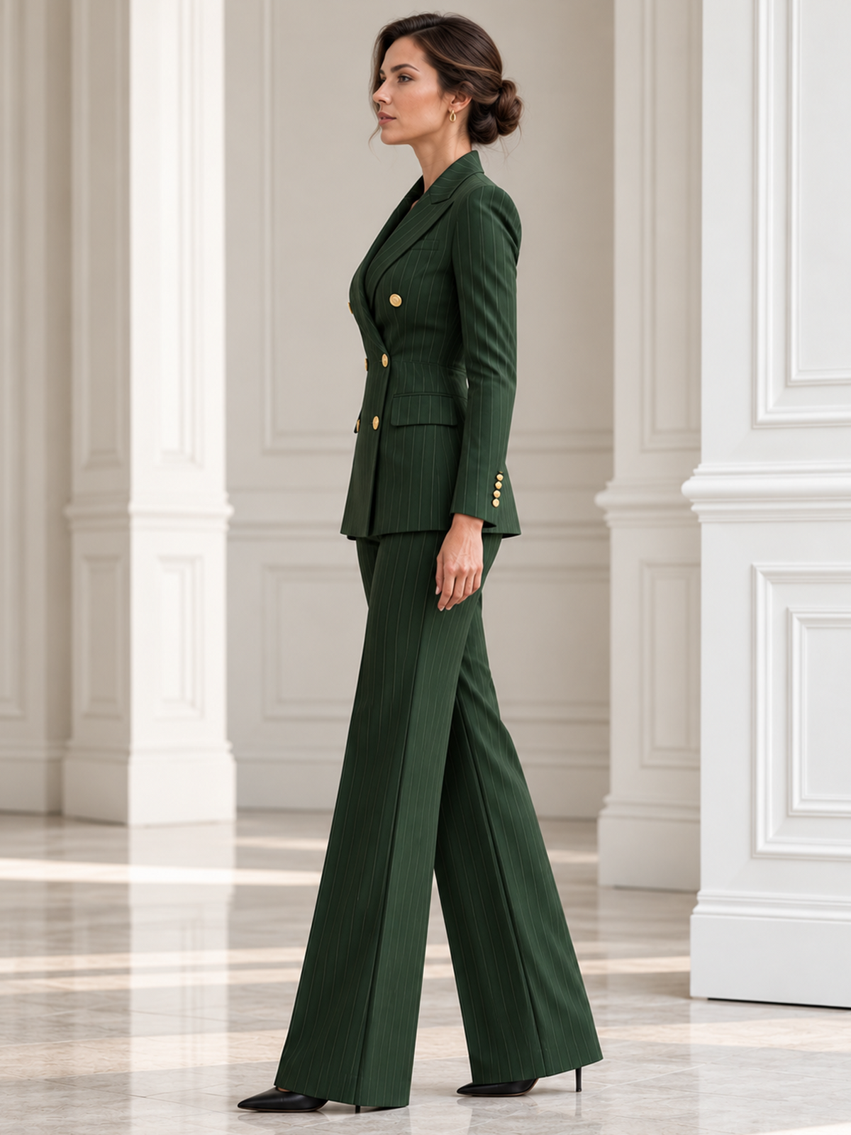 Green Pinstripe Double Breasted Peak Lapel Blazer And High Waist Wide Leg Pants 2-Piece Suit