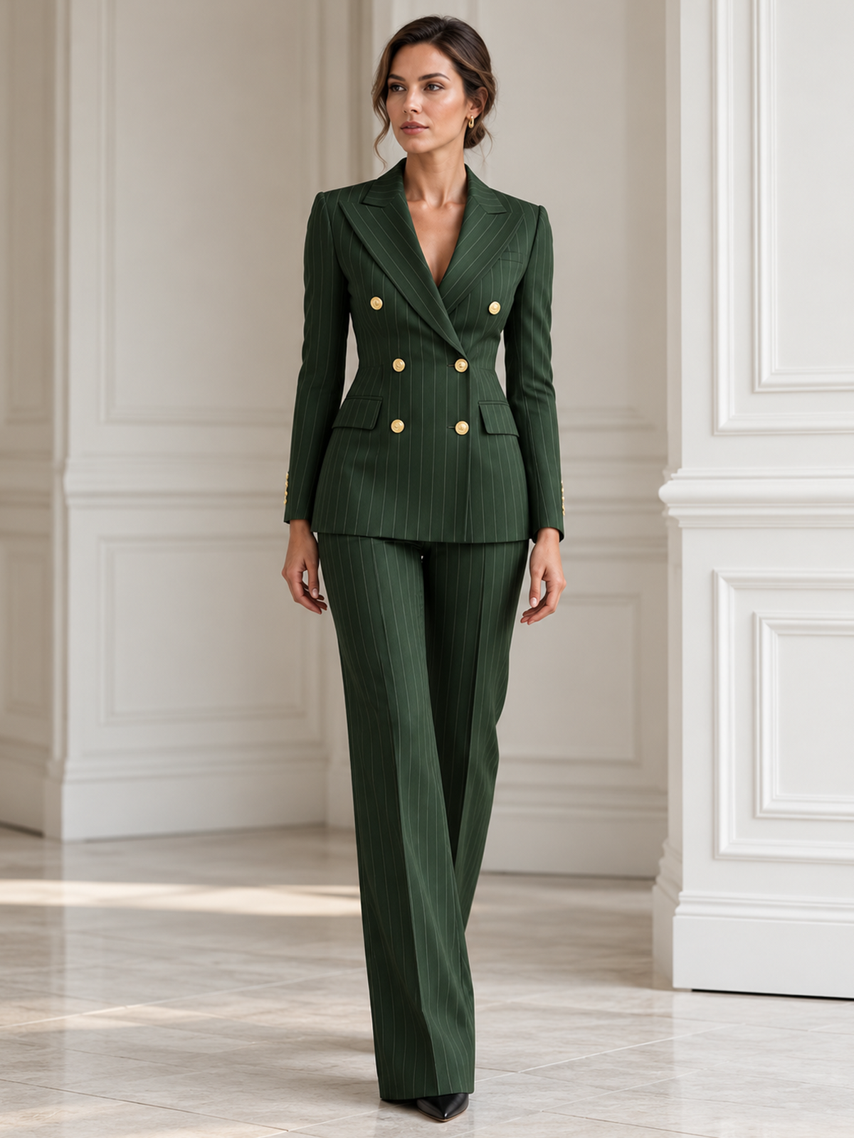 Green Pinstripe Double Breasted Peak Lapel Blazer And High Waist Wide Leg Pants 2-Piece Suit