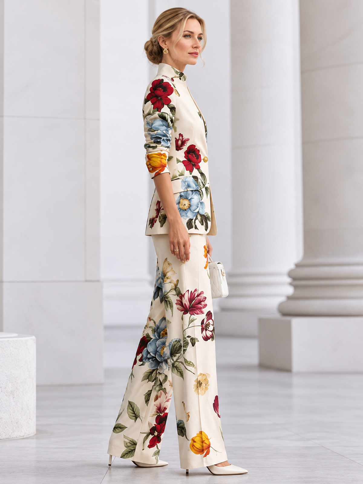 White Floral Print Stand Collar Blazer And High Waist Wide Leg Pants 2-Piece Suit