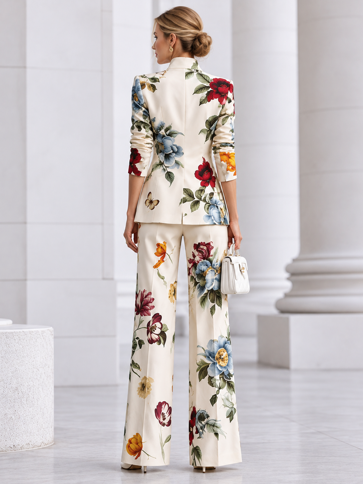 White Floral Print Stand Collar Blazer And High Waist Wide Leg Pants 2-Piece Suit