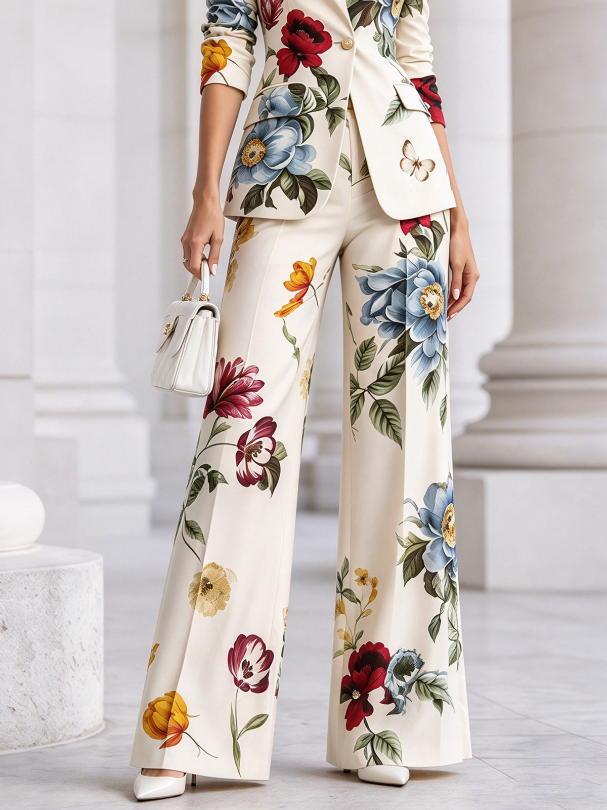 White Floral Print Stand Collar Blazer And High Waist Wide Leg Pants 2-Piece Suit