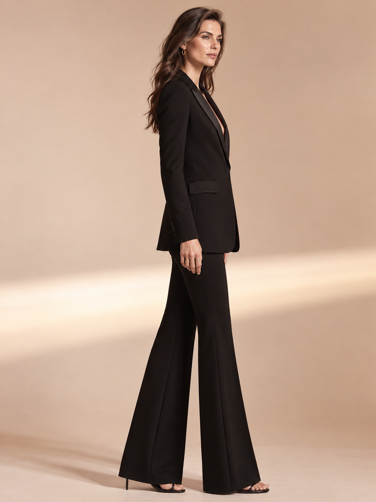 Black Satin Lapel Blazer And High Waist Flare Pants 2-Piece Suit