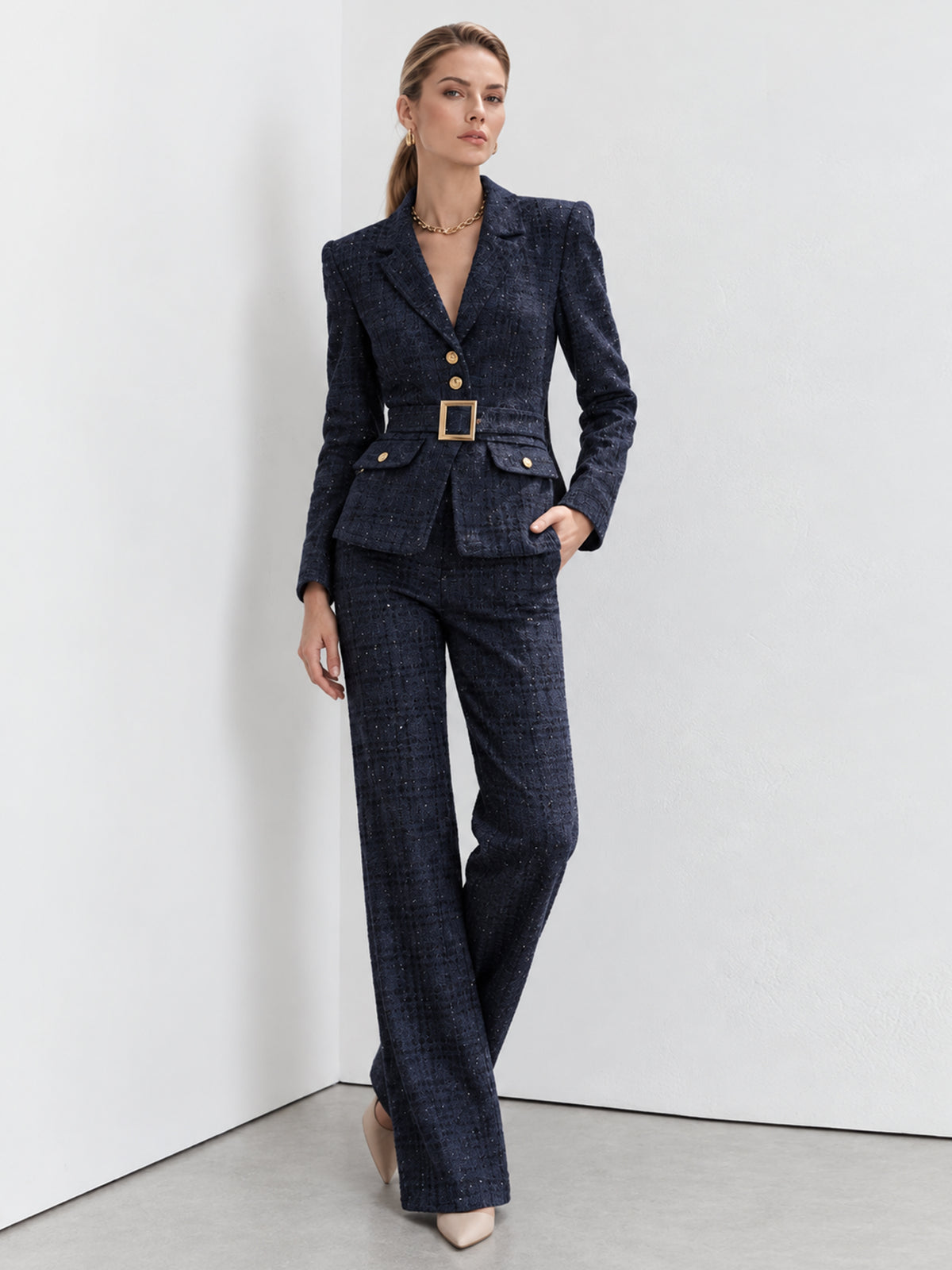 Dark Blue Tweed Single Breasted Blazer And Wide Leg Pants 2-Piece Suit
