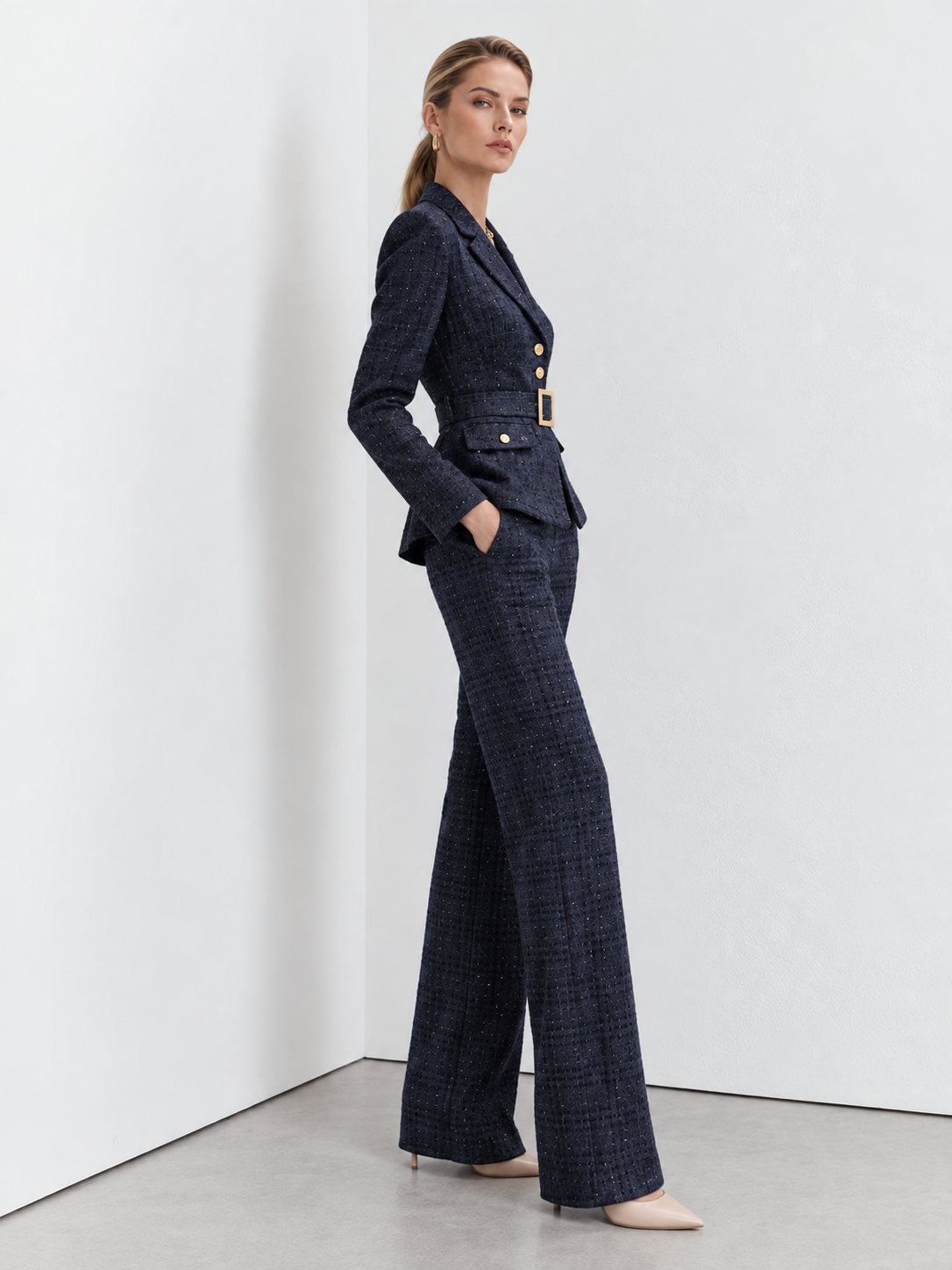 Dark Blue Tweed Single Breasted Blazer And Wide Leg Pants 2-Piece Suit