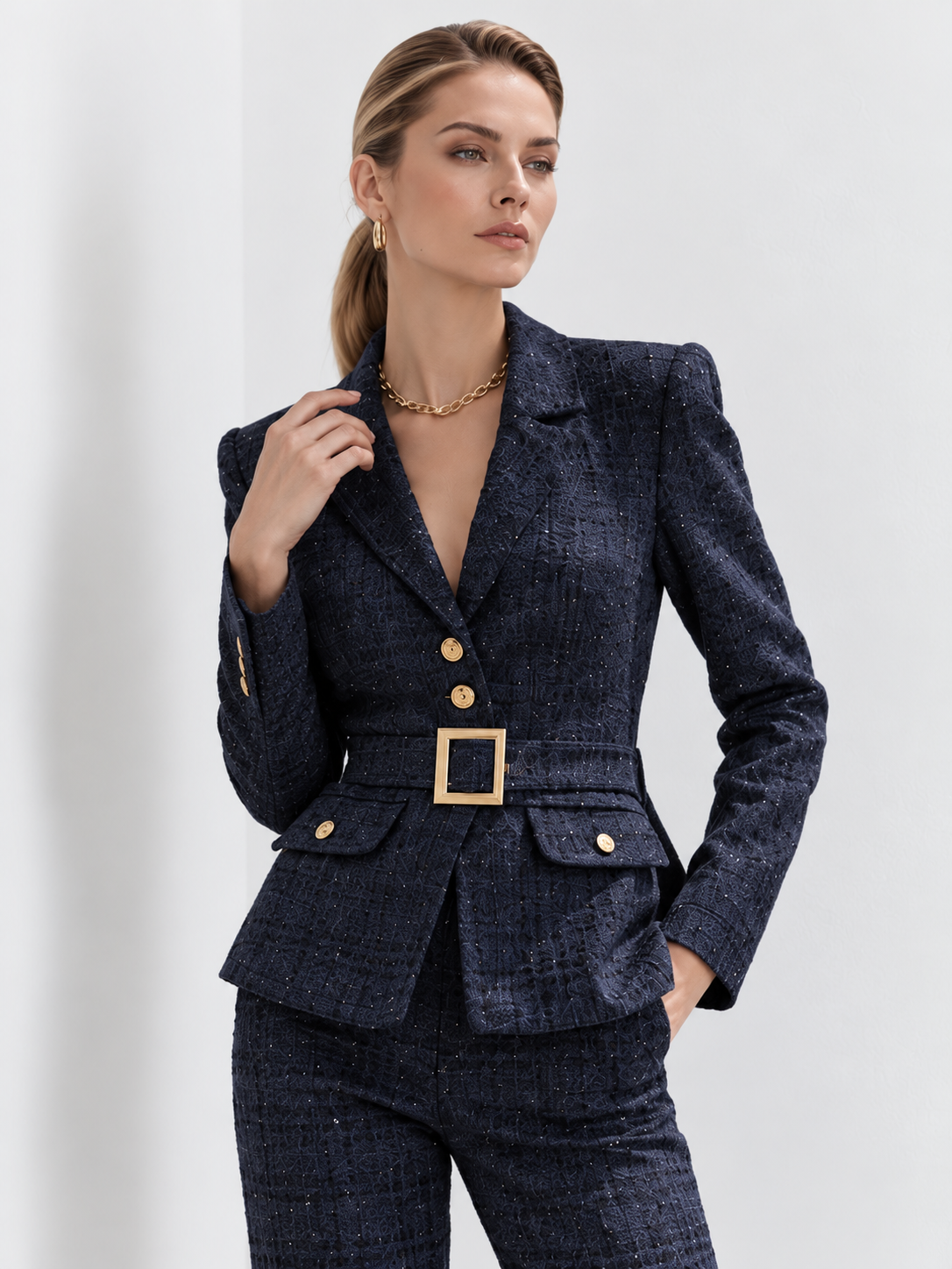 Dark Blue Tweed Single Breasted Blazer And Wide Leg Pants 2-Piece Suit