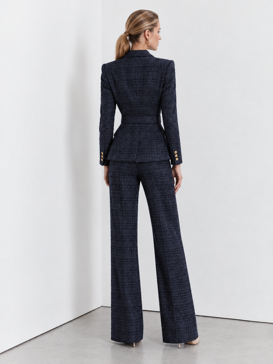 Dark Blue Tweed Single Breasted Blazer And Wide Leg Pants 2-Piece Suit
