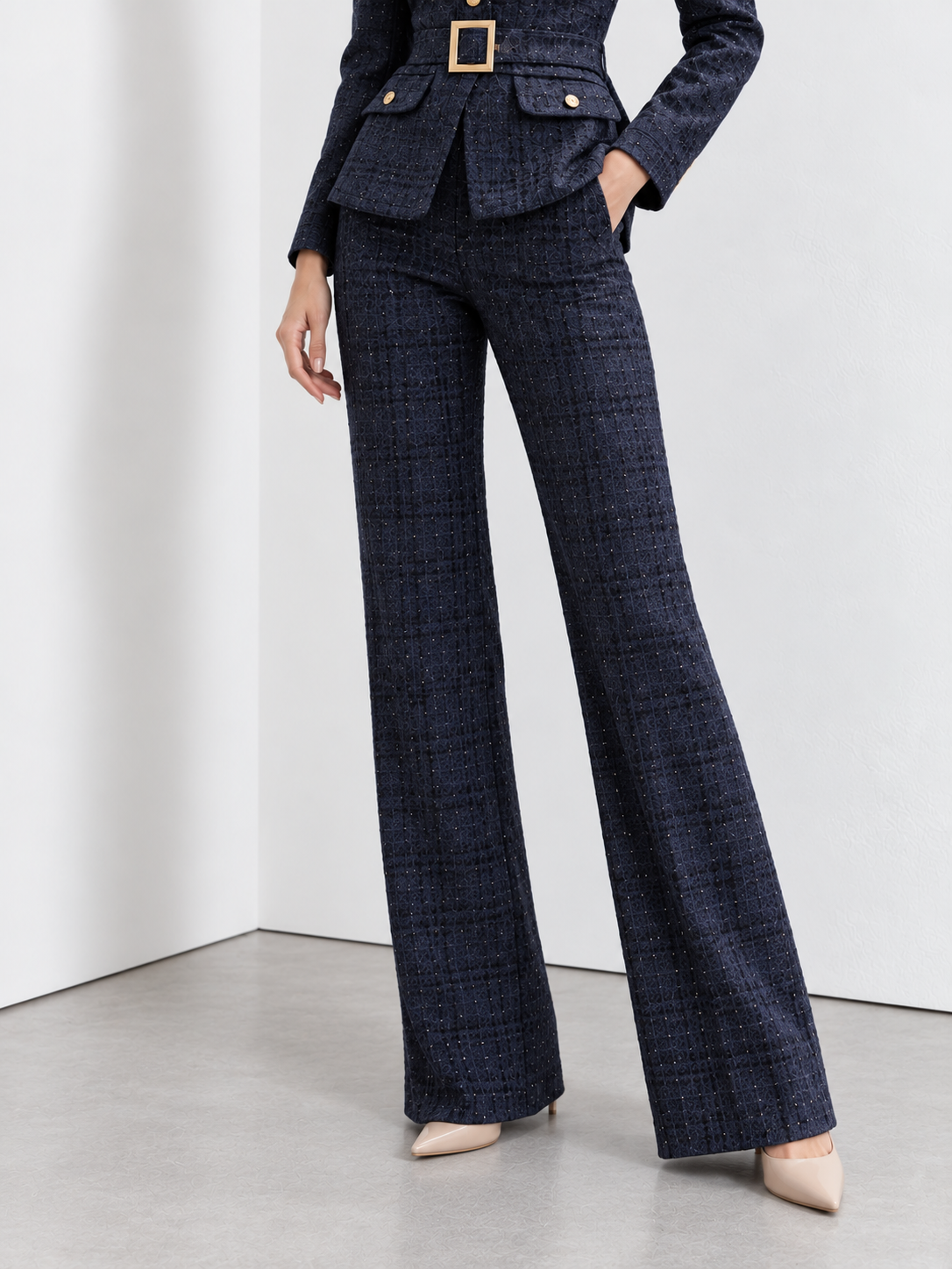 Dark Blue Tweed Single Breasted Blazer And Wide Leg Pants 2-Piece Suit