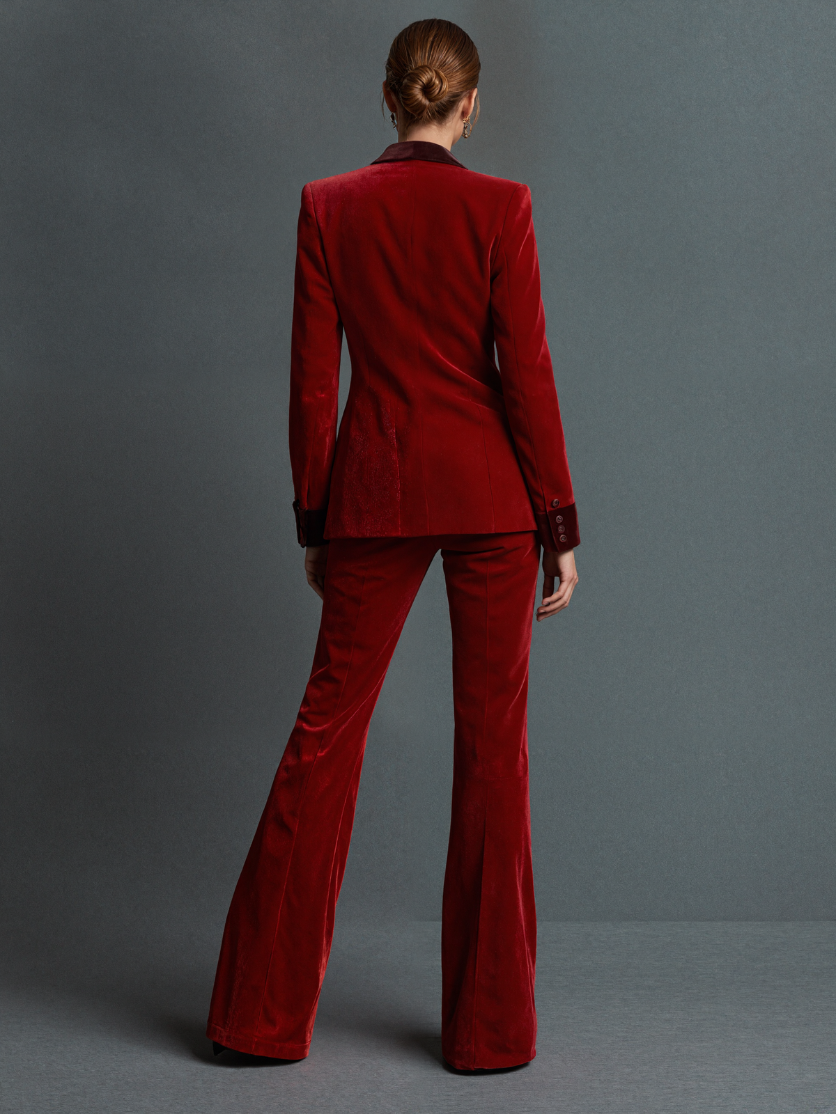 Red Velvet Blazer With Peak Lapels And Wide Leg Pants 2-Piece Suit