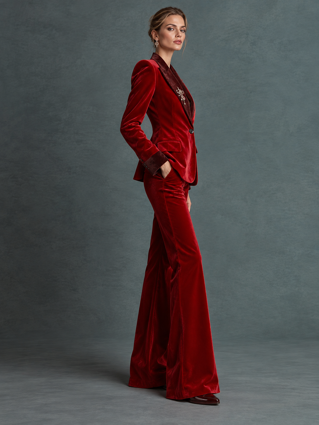 Red Velvet Blazer With Peak Lapels And Wide Leg Pants 2-Piece Suit