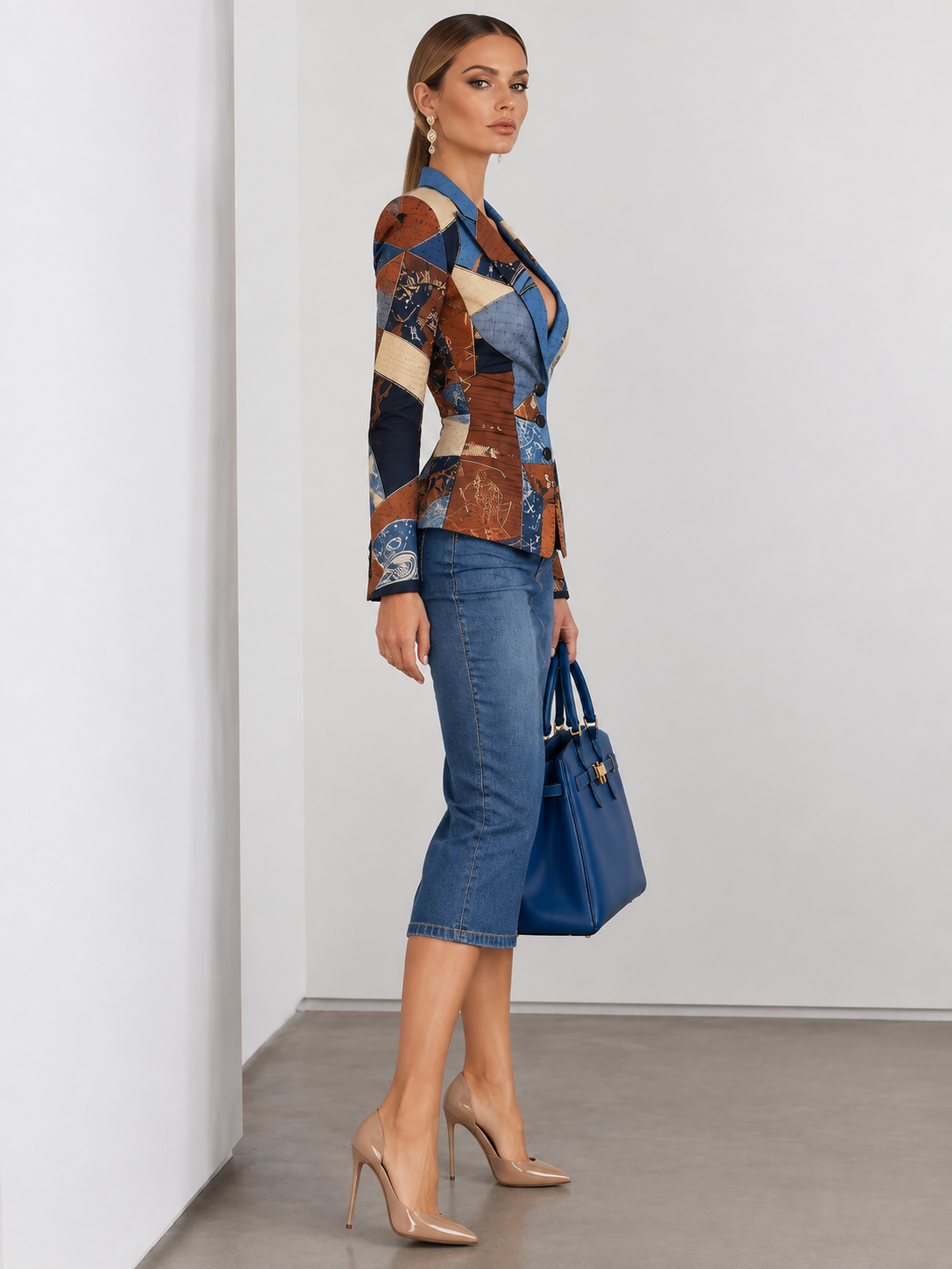 Patchwork Print Blazer And Denim Pencil Skirt 2-Piece Suit