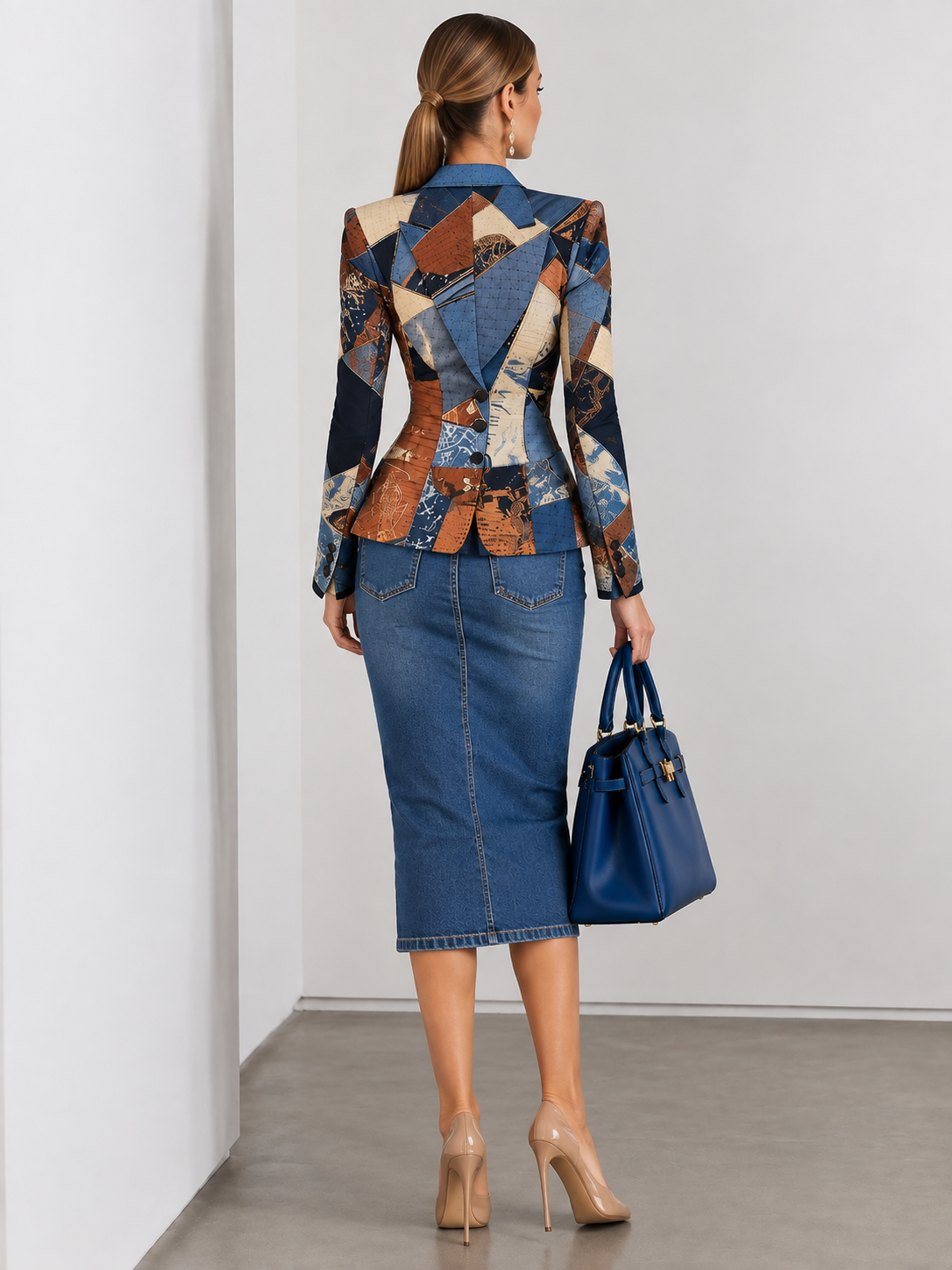 Patchwork Print Blazer And Denim Pencil Skirt 2-Piece Suit