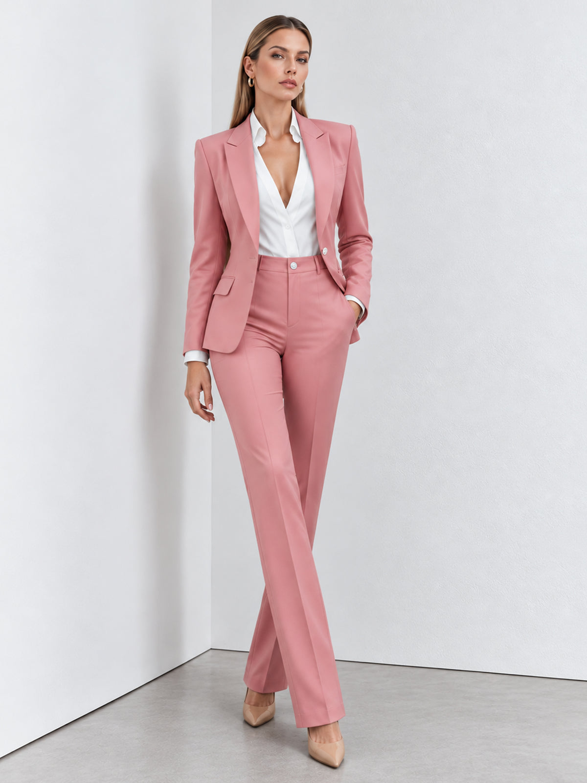 Pink Peak Lapel Fitted Blazer And Straight Leg Pants 2-Piece Suit