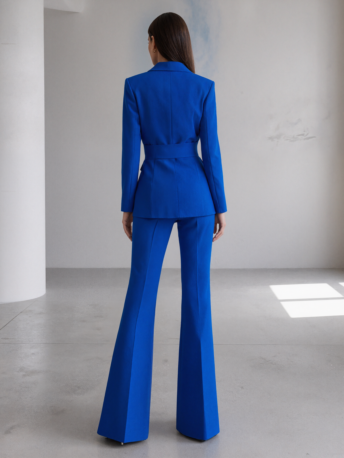 Royal Blue Blazer With Peak Lapels And A Waist Cinching Sash Paired With Wide Leg Pants 2-Piece Suit