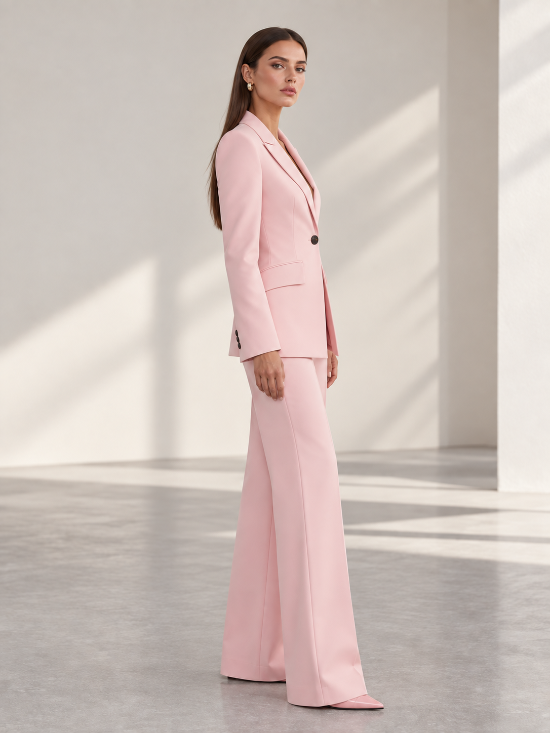 Pink Peak Lapel Blazer And Wide Leg Pants 2-Piece Suit
