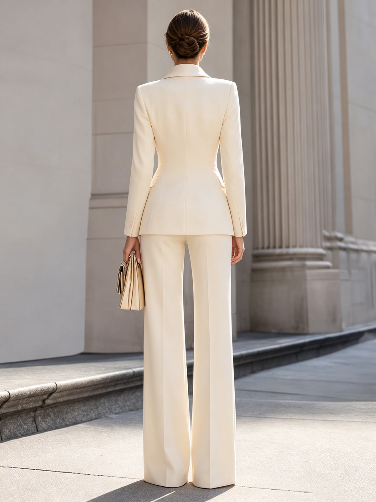 Cream Satin Shawl Lapel Single-breasted Blazer & Wide Leg Trousers 2-Piece Suit
