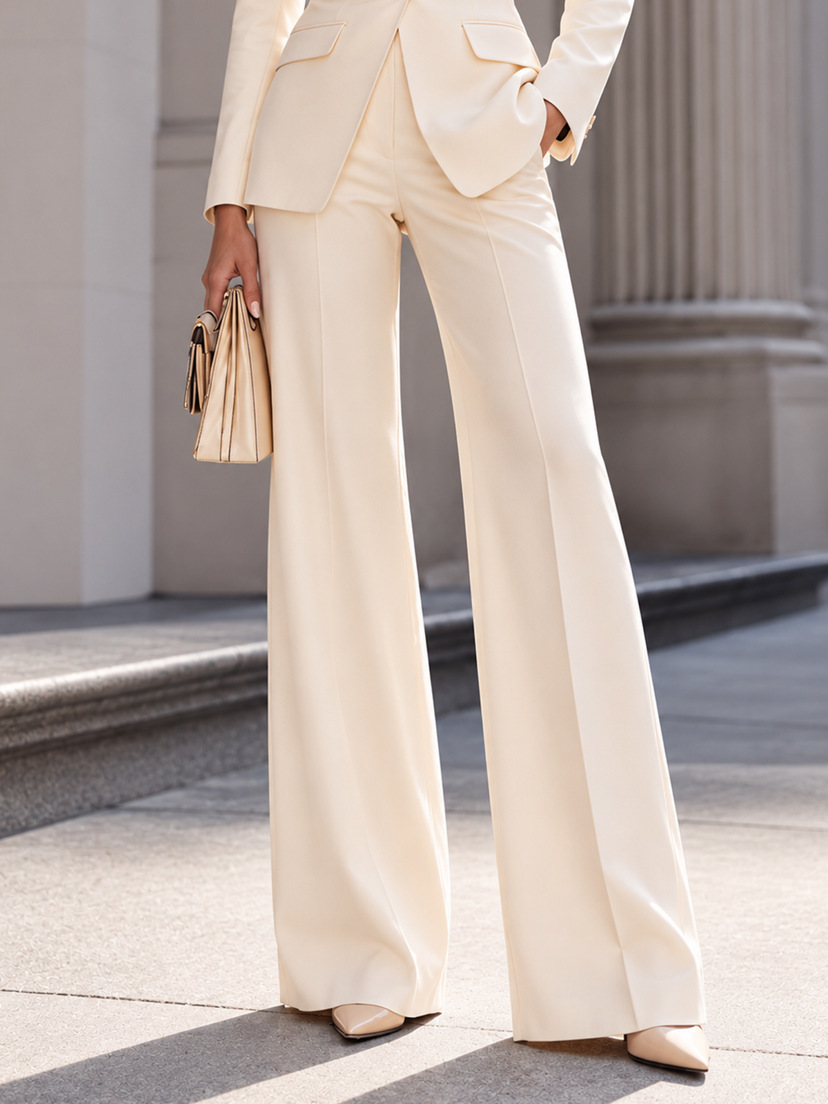 Cream Satin Shawl Lapel Single-breasted Blazer & Wide Leg Trousers 2-Piece Suit