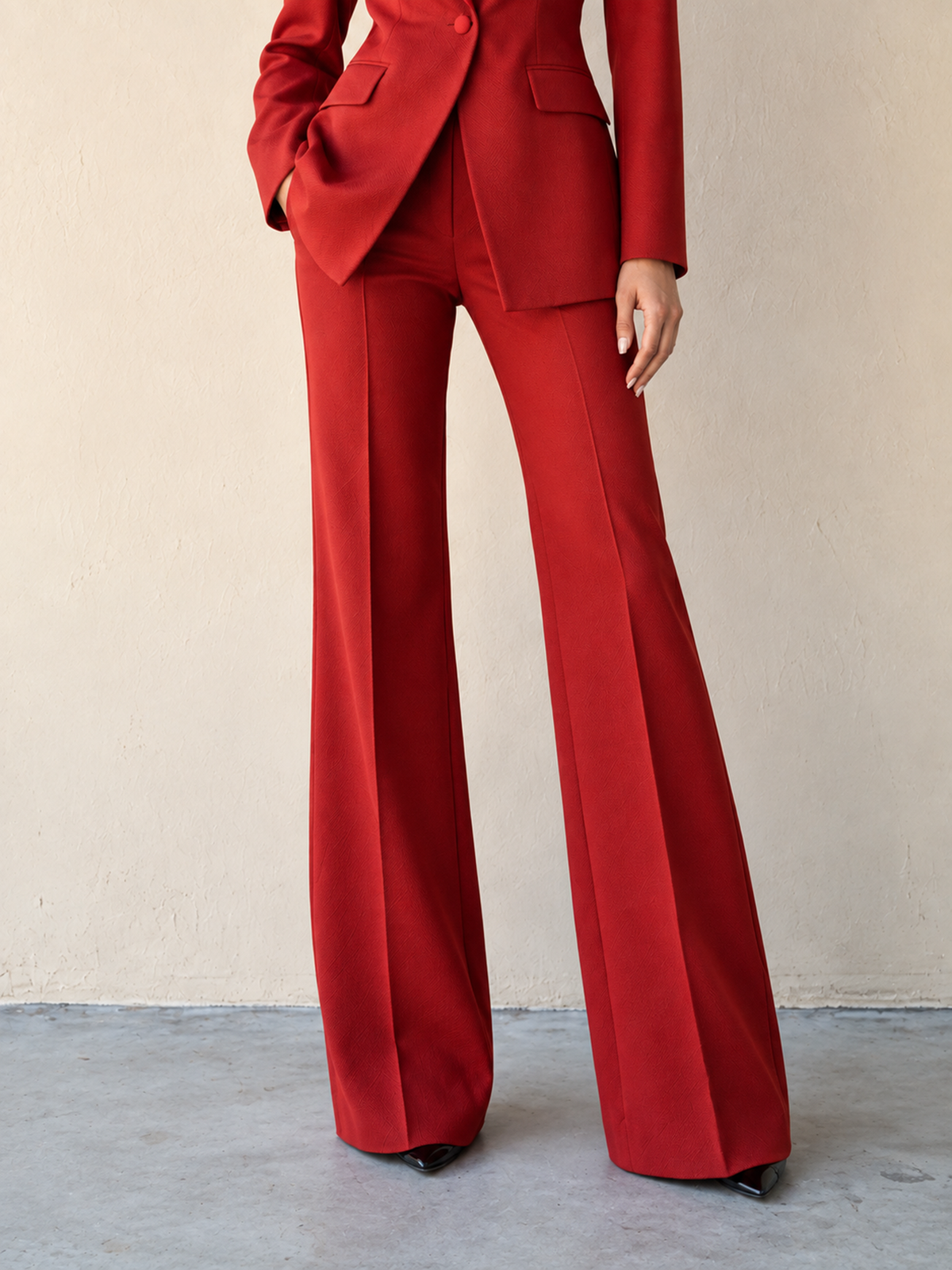 Red Satin Shawl Lapel Single-breasted Blazer & Wide Leg Pants 2-Piece Suit