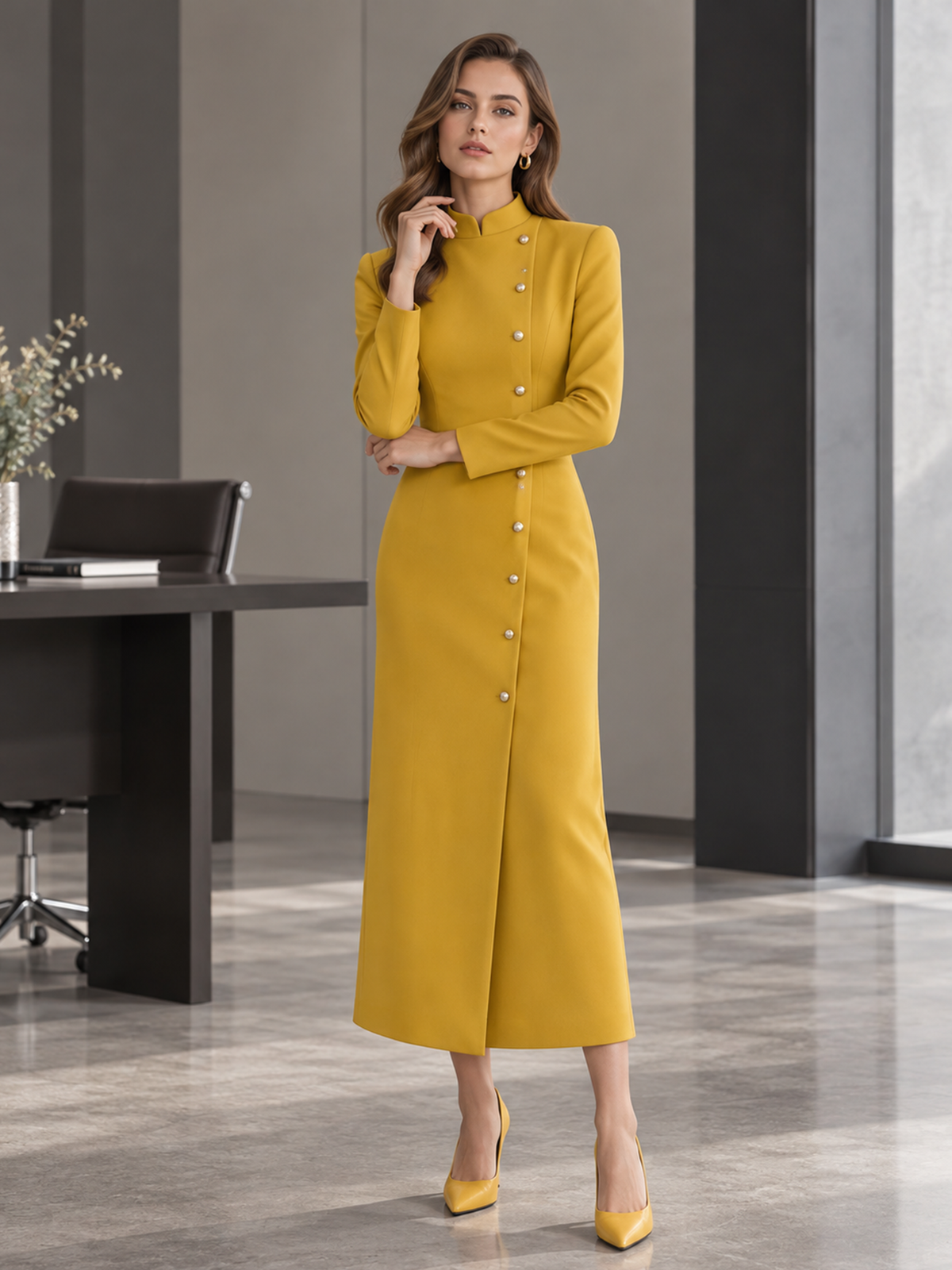 Yellow Mandarin Stand Collar Asymmetrical Long Sleeve Midi Dress