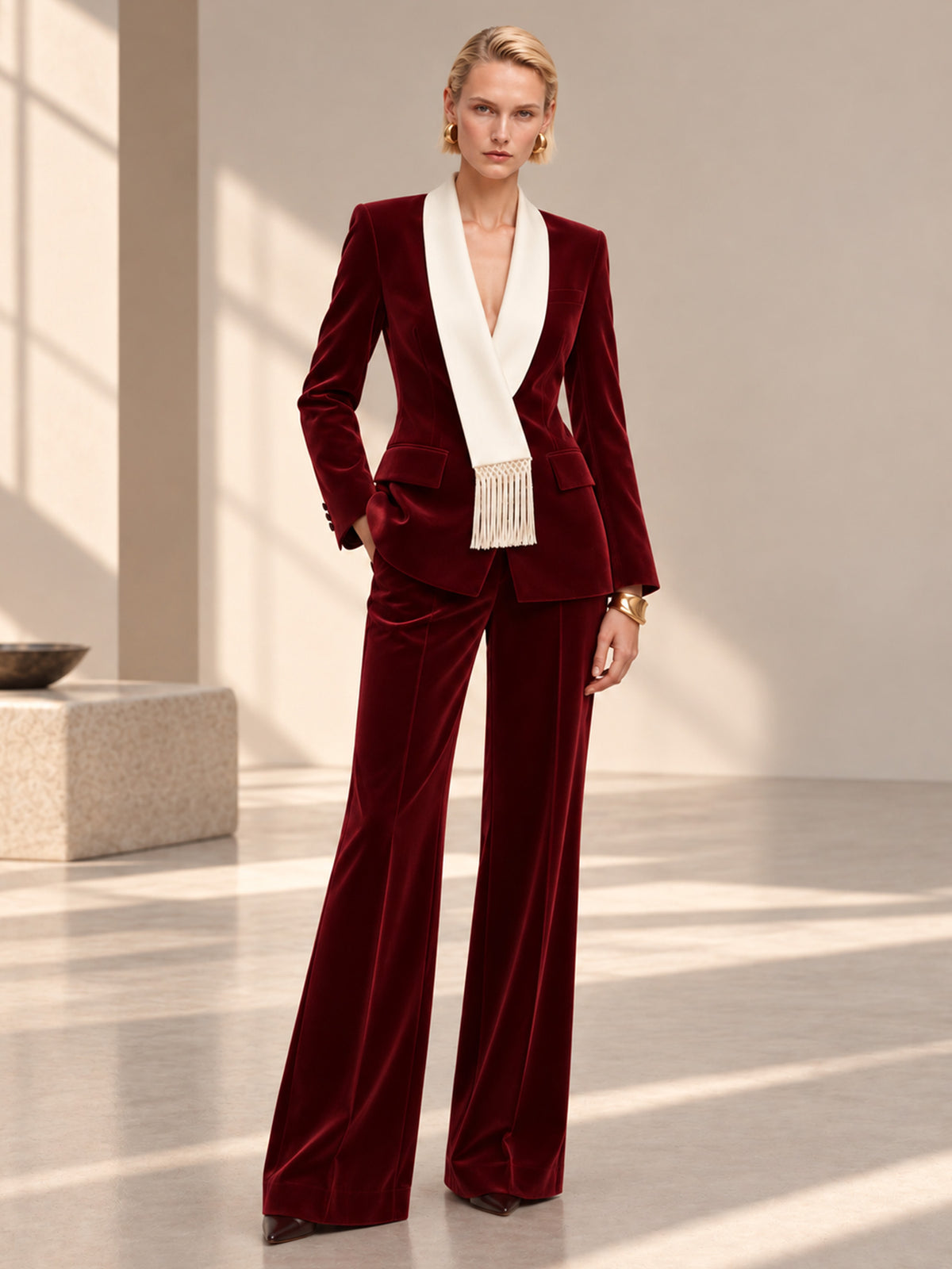 Dark Red Velvet & Off-White Asymmetrical Lapel Tassel Blazer & Wide Leg Pants 2-Piece Suit