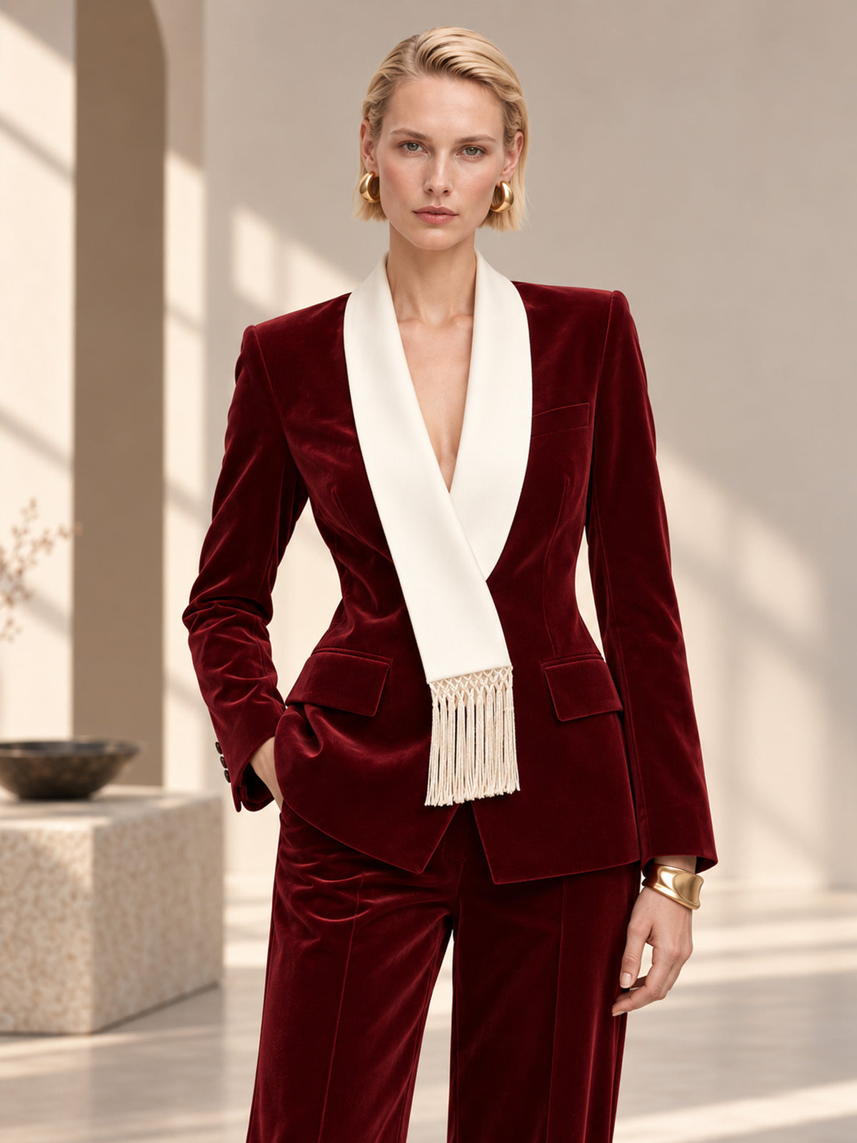 Dark Red Velvet & Off-White Asymmetrical Lapel Tassel Blazer & Wide Leg Pants 2-Piece Suit
